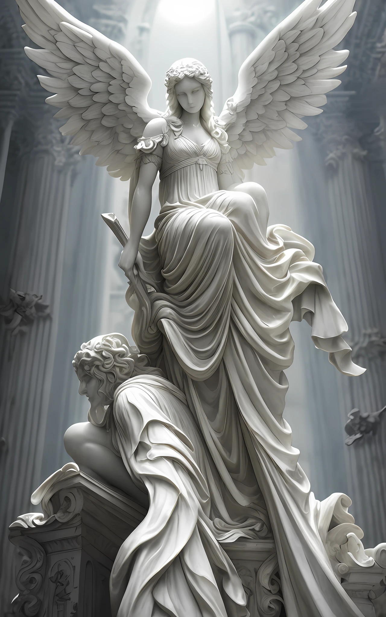 white marble statue of a baroque dark angel, crouching standing figure, rich wet drapery, antique, baroque, dramatic cinematic light, depth of field, octane render, fotorealistic, intricate, highly detailed