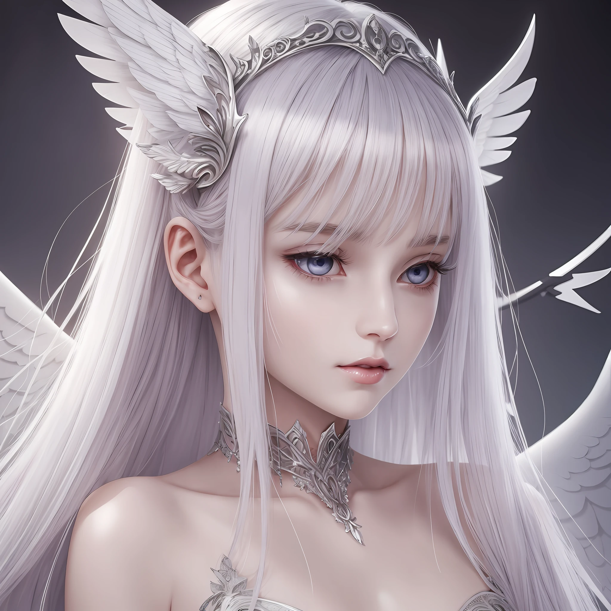 Angel, pale skin, silver hair, pale pink wings, silver eyes, voluminous eyelashes, soft mouth, female silhouette, small breasts, Crispr genes, 8K, Full HD, realistic --auto --s2