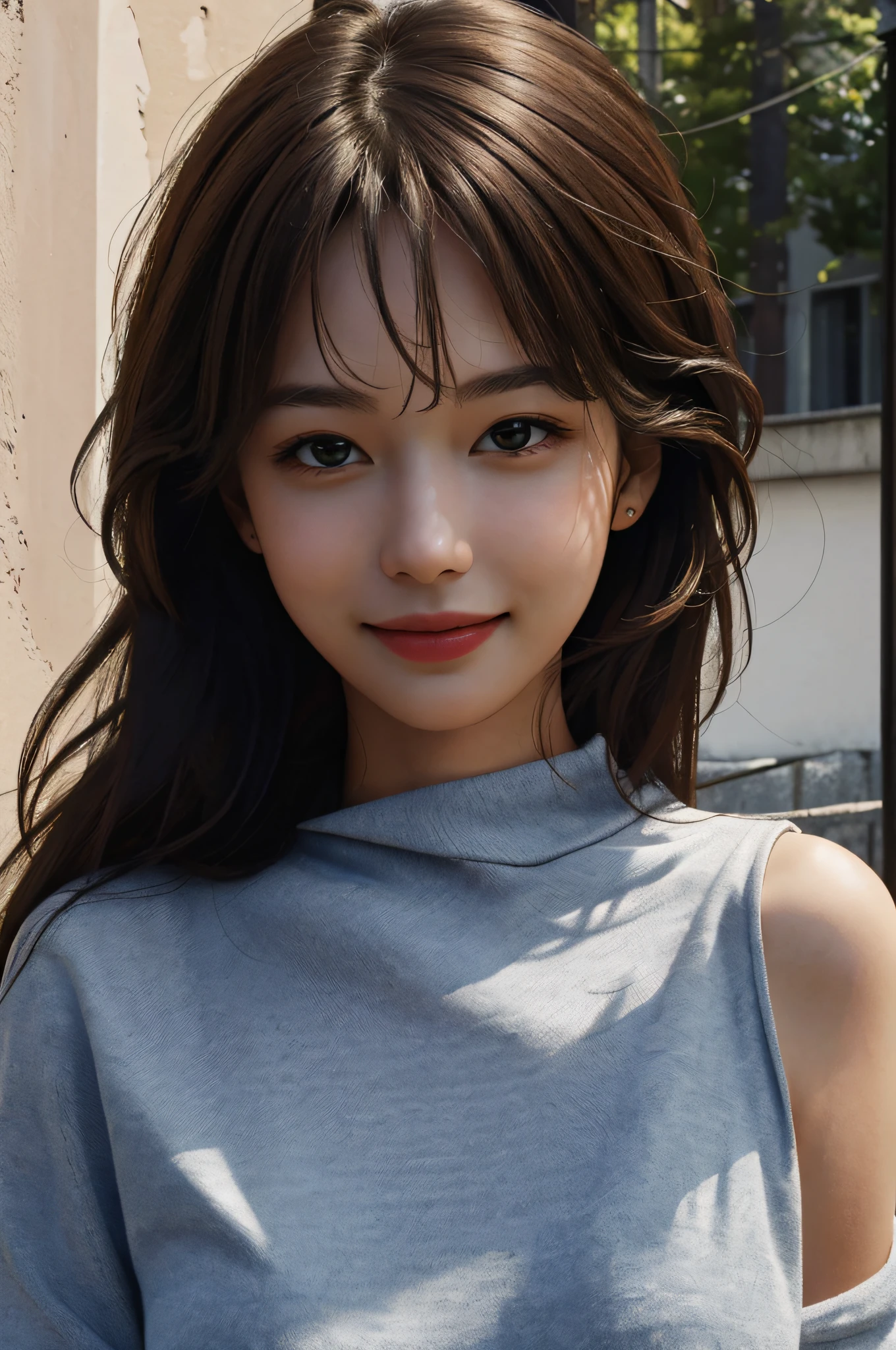 Best Quality, Masterpiece, Ultra High Resolution, (Realistic: 1.4), 1 Girl, Shoulders Exposed, Charming, Smiling, Looking at the Camera,