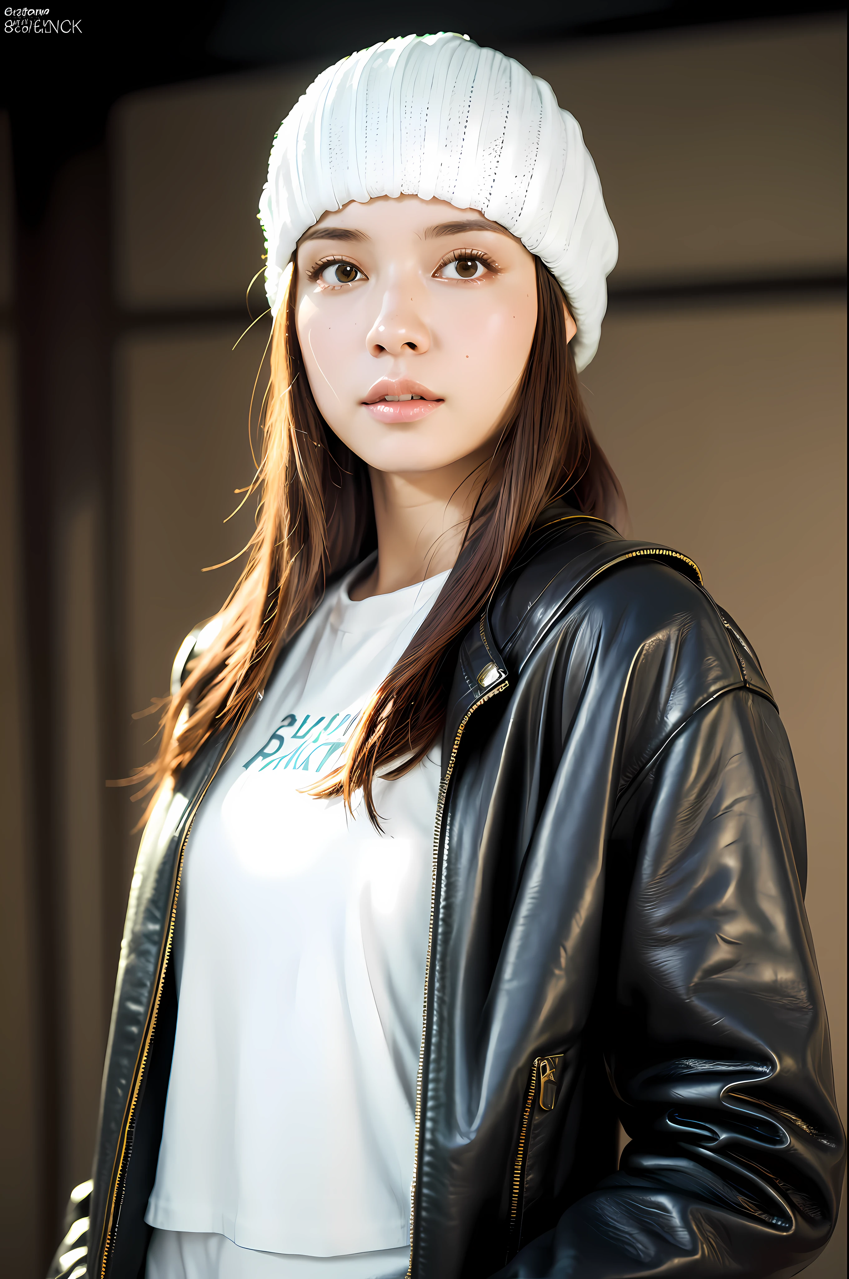 ((8k:1.27), best quality, masterpiece, ultra highres:1.2) Photo of a beautiful Brazilian (linda:1.1) (science fiction warrior woman:1.1) space soldier, (beanie:1.61) (leather jacket:1.21) intricate elegant, costumed, detailed, metric by greg rutkowski and alphonse mucha, gradient lighting