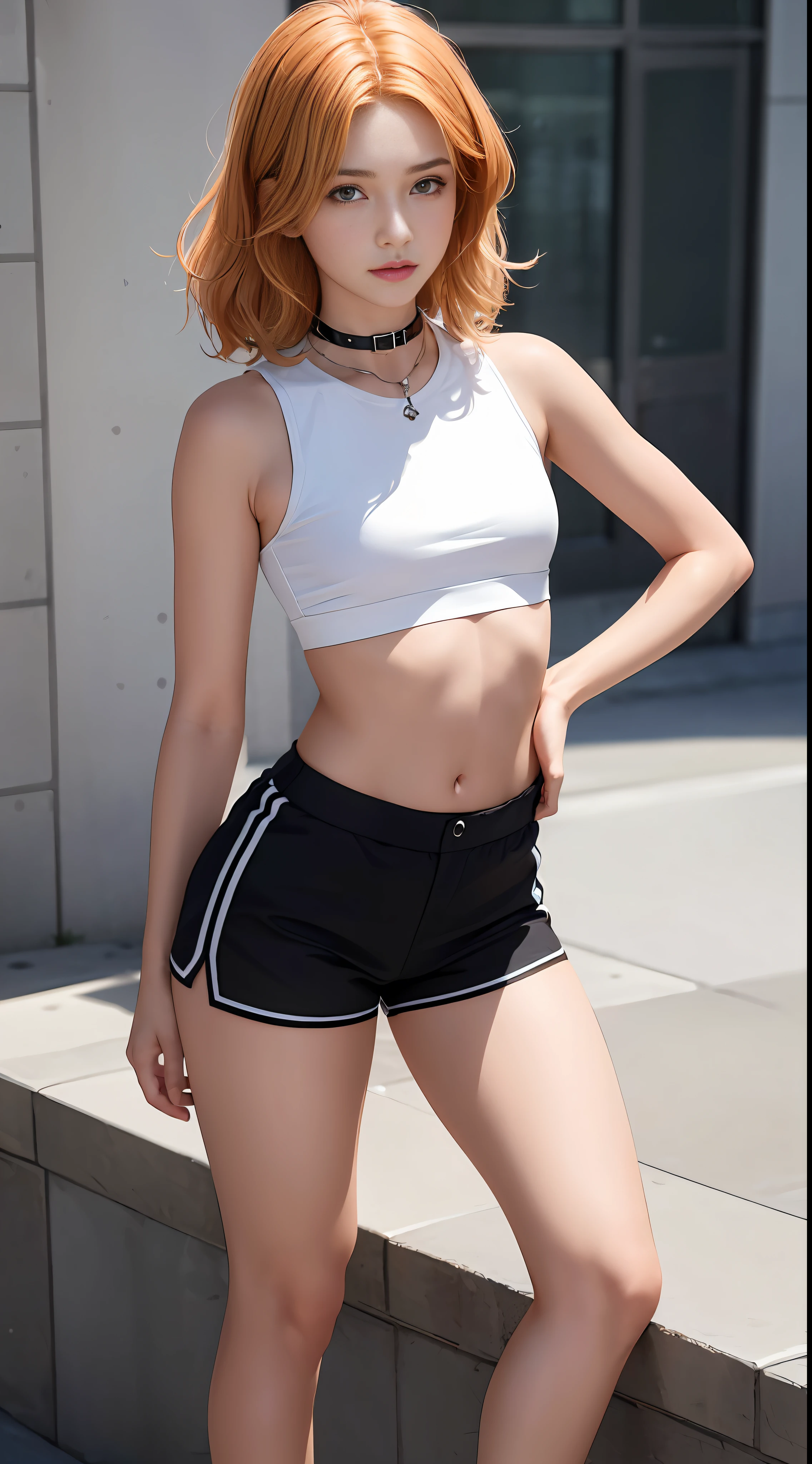 ((medium chest, tomboy, small head)), (cropped abdomen: 1.1), (perfect body: 1.1), (short wavy hair: 1.2), light orange hair, collar, chain, full body, workout, sweat, femboy, futa ((shorts)), (extremely detailed CG 8k wallpaper), (extremely delicate and beautiful), (masterpiece), (best quality: 1.0), (ultra high resolution: 1.0), beautiful lighting, perfect lighting, realistic shadows, [high resolution], detailed skin,  super detailed (((color)))), knees, lowered
