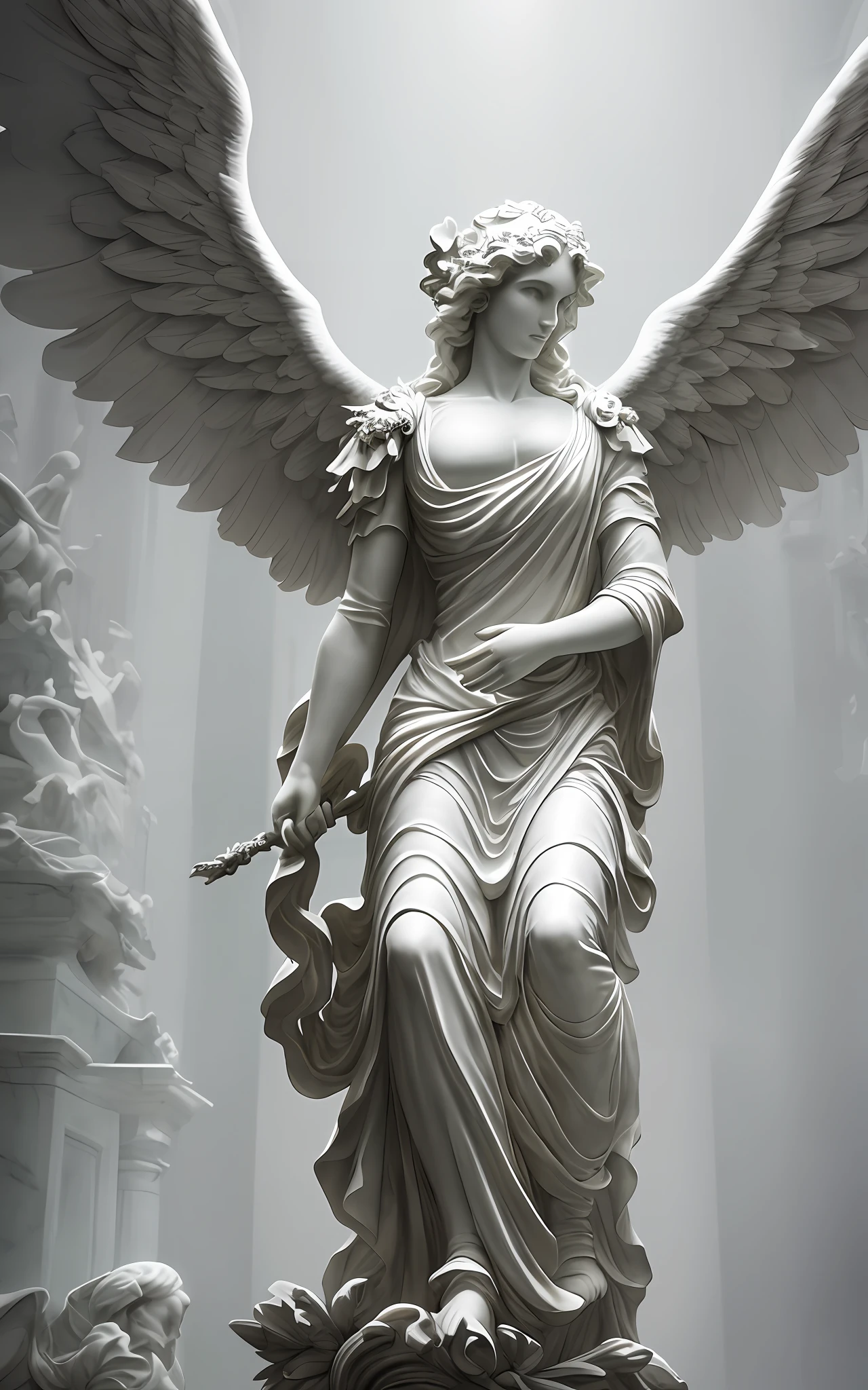 white marble statue of a baroque dark angel, crouching standing figure, rich wet drapery, antique, baroque, dramatic cinematic light, depth of field, octane render, fotorealistic, intricate, highly detailed