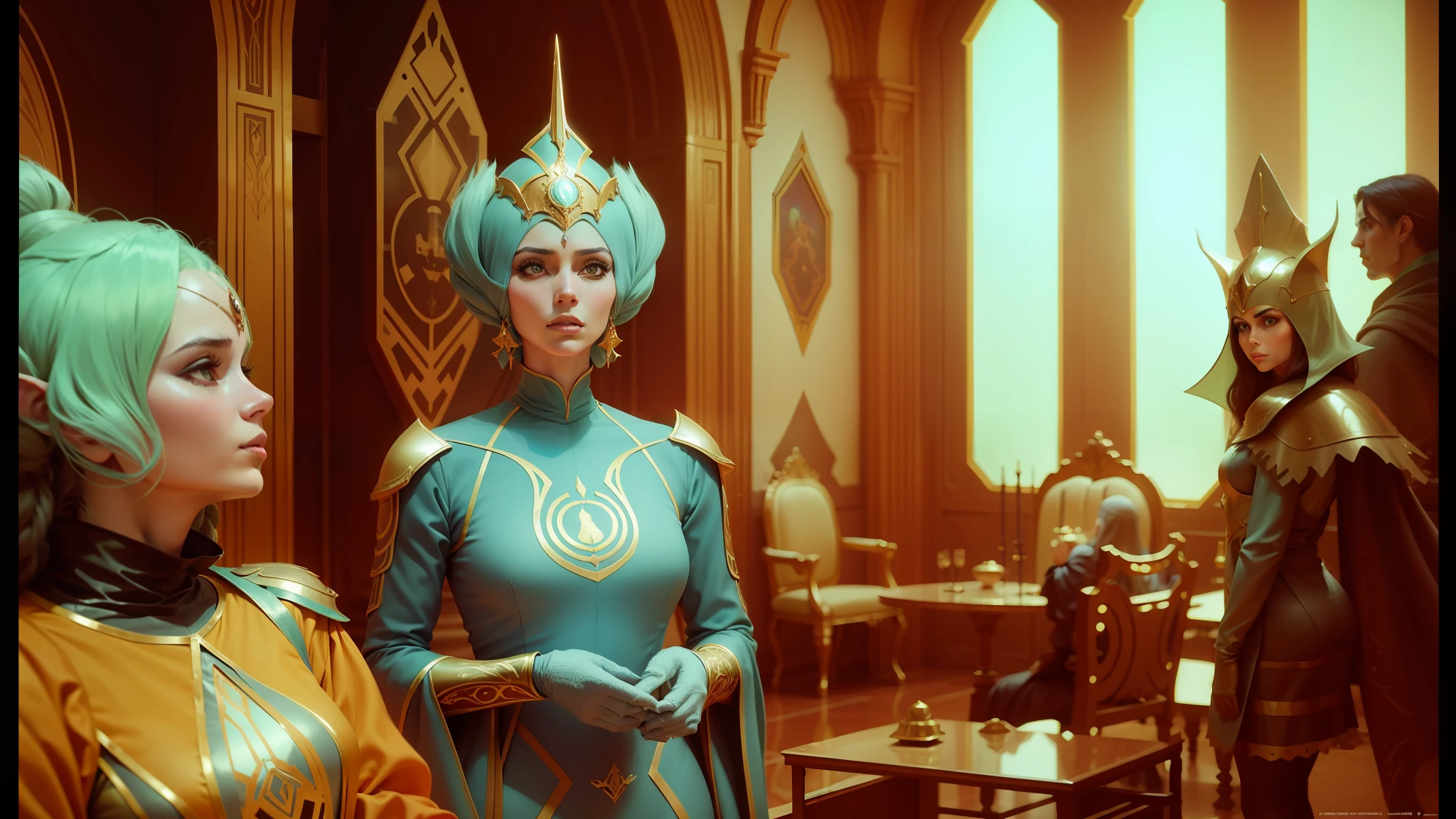two women dressed in costumes are standing in a room, dune by jodorowsky, inspired by Victor Nizovtsev, inspired by Jean Auguste Dominique Ingres, spaceship hallway background, still from kim kardashian movie, metal hurlant, teal color graded , futuroma, silent film, elven ghemathar palace, a beautiful fantasy empress --auto --s2