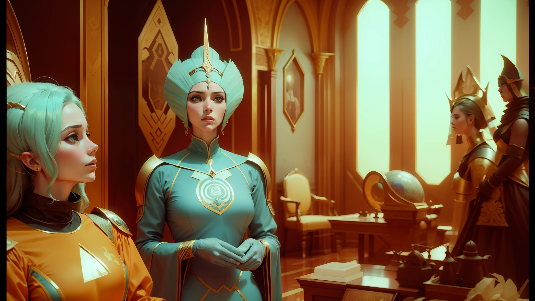 two women dressed in costumes are standing in a room, dune by jodorowsky, inspired by Victor Nizovtsev, inspired by Jean Auguste Dominique Ingres, spaceship hallway background, still from kim kardashian movie, metal hurlant, teal color graded , futuroma, silent film, elven ghemathar palace, a beautiful fantasy empress --auto --s2