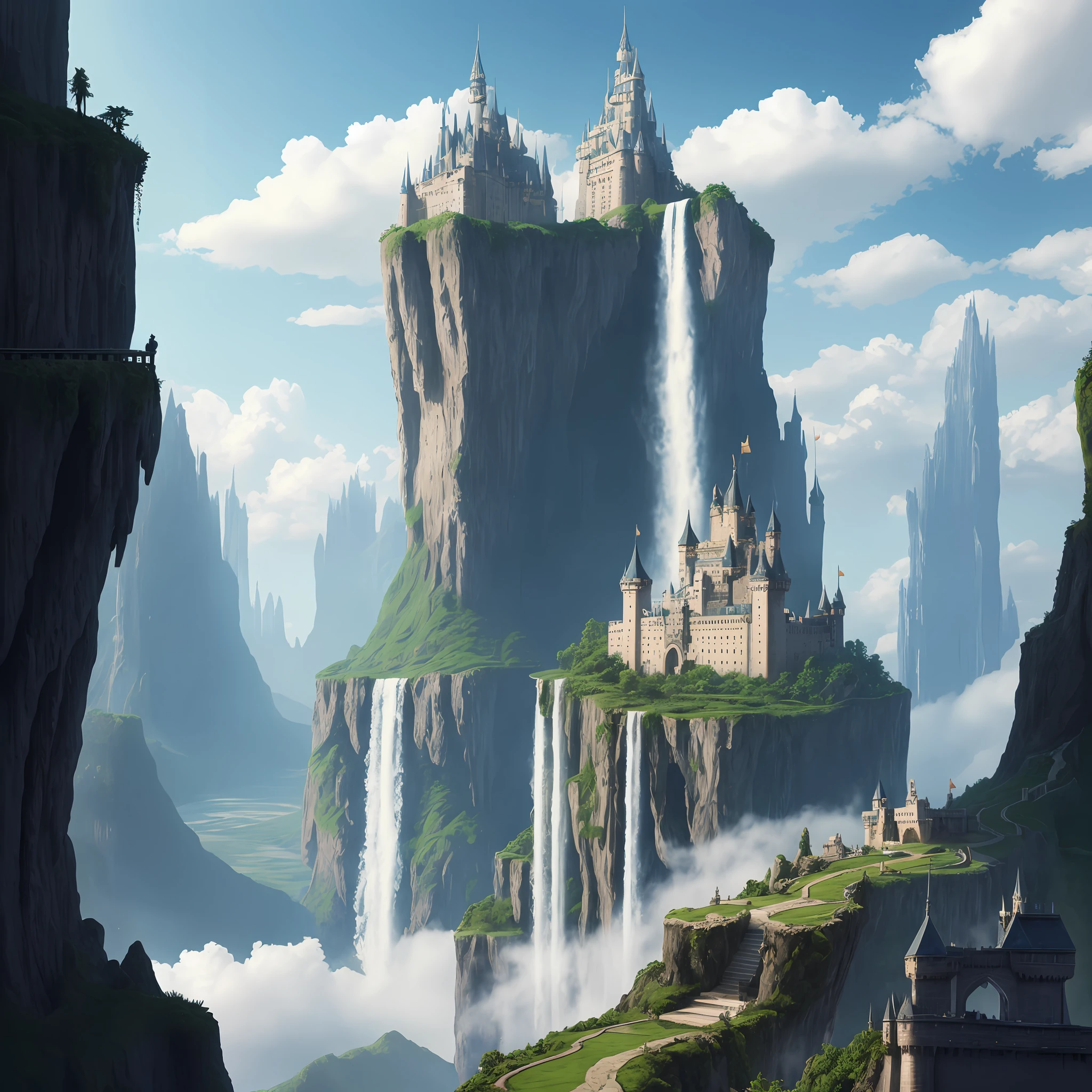 there is a castle on a cliff with a waterfall in the background, matte painting in fantasy style, fantasy matte painting,cute, fantasy castle, high fantasy castle, epic castle with tall spires, fantasy matte painting, illustration matte painting, high fantasy matte painting, unreal engine fantasy art, realistic fantasy render, stuning fantasy 3 d render, fantasy 3 d render