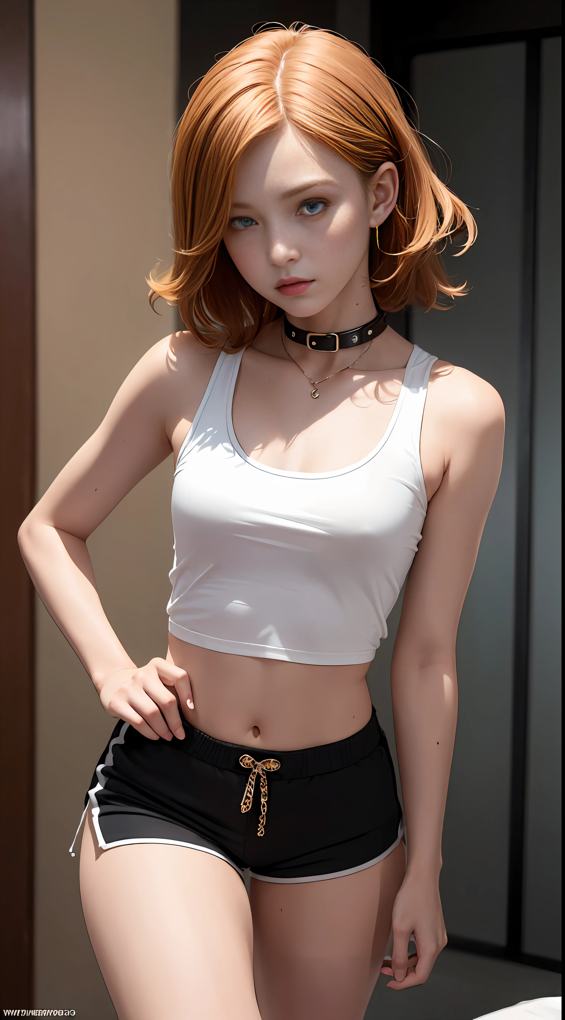 ((medium chest, tomboy, small head)), (cropped abdomen: 1.1), (perfect body: 1.1), (short wavy hair: 1.2), light orange hair, collar, chain, full body, workout, sweat, femboy, futa ((shorts)), (extremely detailed CG 8k wallpaper), (extremely delicate and beautiful), (masterpiece), (best quality: 1.0), (ultra high resolution: 1.0), beautiful lighting, perfect lighting, realistic shadows, [high resolution], detailed skin,  super detailed (((color)))), knees, lowered