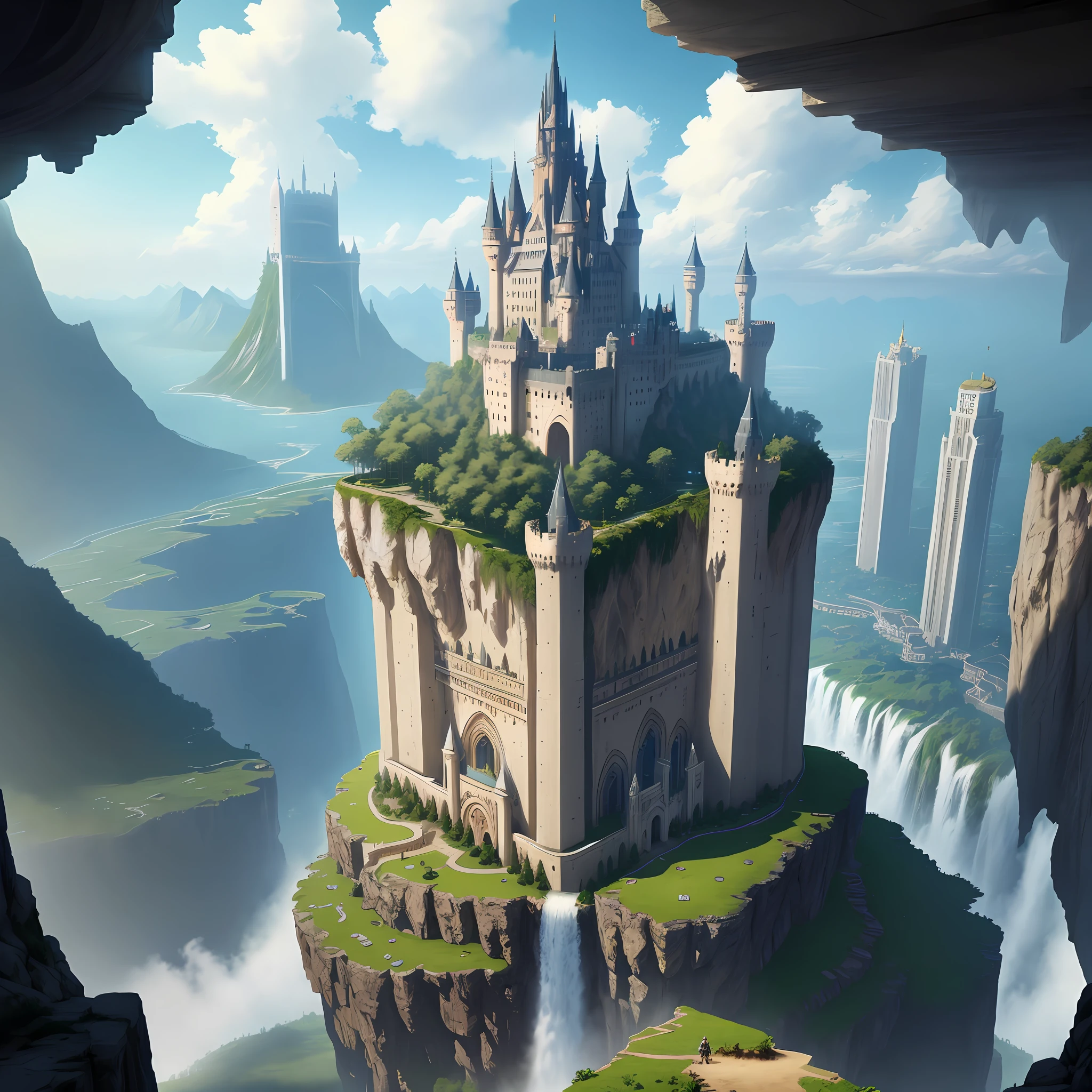Huge castles and skyscrapers floating in the sky Cyberpunk Isekai Fantasy Top Quality Ultra High Definition Utopia 8K Giant Waterfall Mother Nature