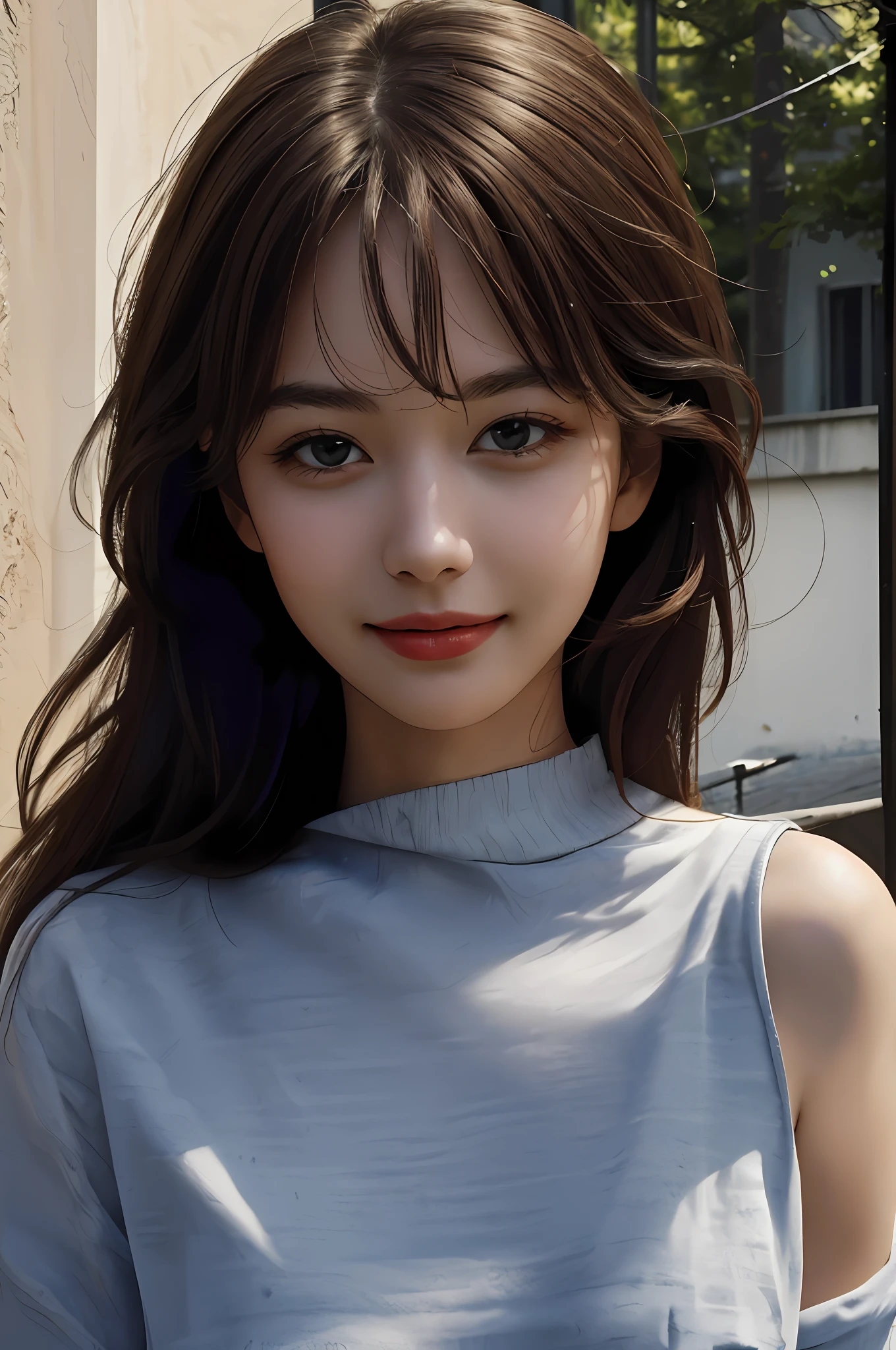 Best quality, masterpiece, super high resolution, (realistic: 1.4), 1 girl, white suspenders, shoulders exposed, charming, smiling, looking at camera,