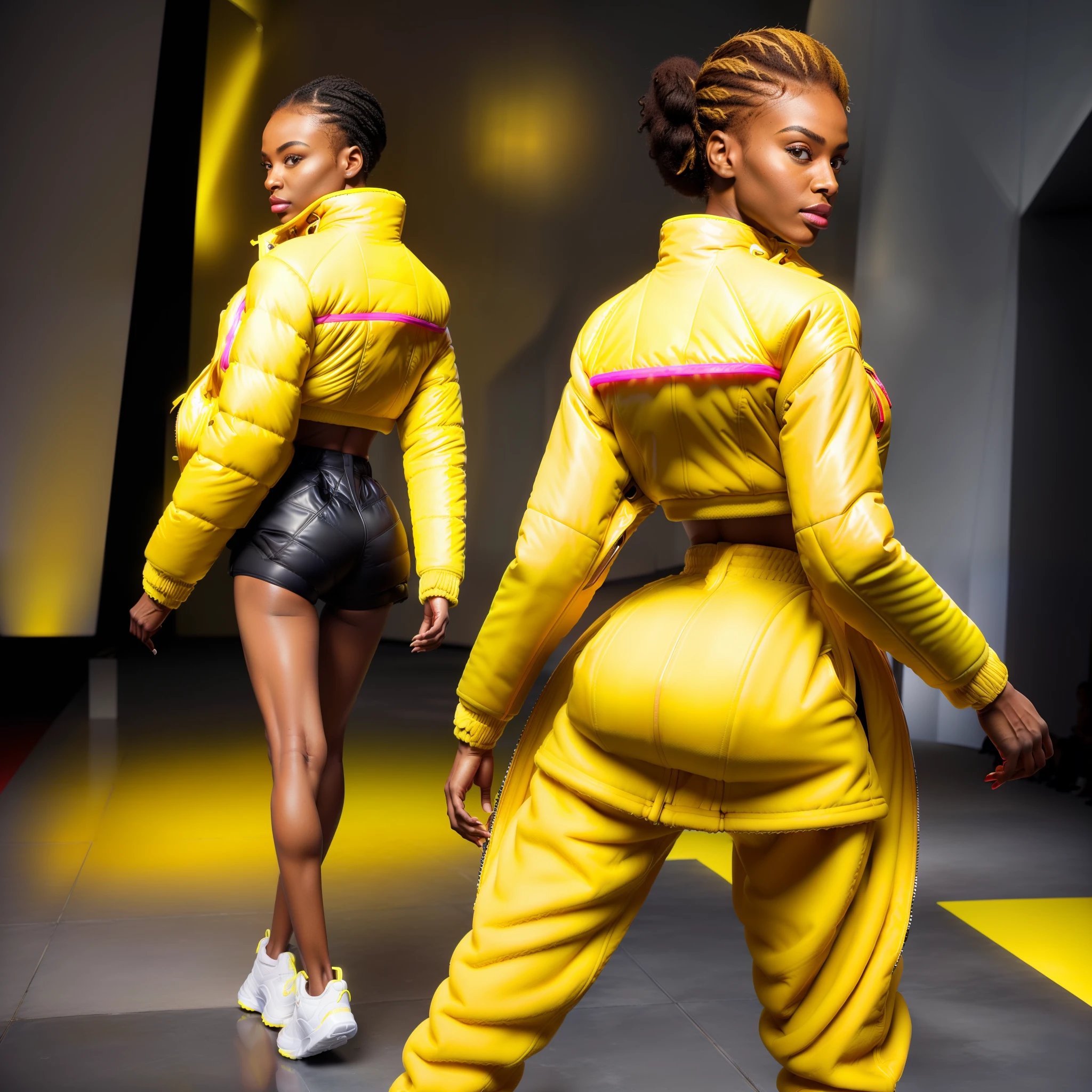 ((( an ultra realistic woman))) ((posing solo)), (((full body, back,looking back))),((legs apart))) with perfect Kenyan African facial features, ultra realistic skin, skin pores, short afro hair, braided, ultra detailed in hd, with confident expression, wearing (((Balenciaga puffer oversized style jacket:1.5 overcoat, ultra definition red))) pants, turtleneck shirt, modern sneakers, (((yellow jacket:1.5, vivid color, neon, reflective))), posing at the end of the runway, with his back looking at the camera,(bring high fashion show environment, perfect audience,ultra realistic), high fashion show, best quality, superior quality, image masterpiece, high resolution image