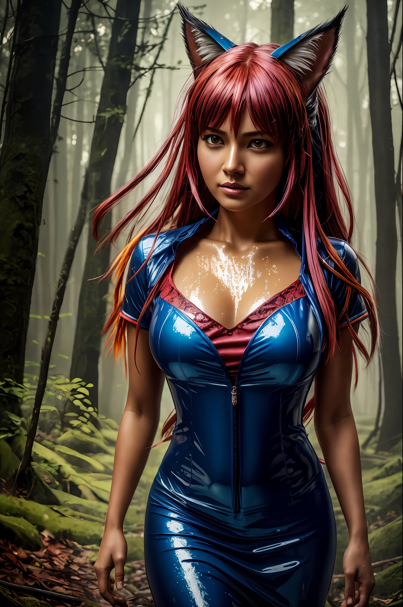 a professional photo of a soaking wet of oil joyful Ahri, forest atmosphere, orange-pink-yellow-red colors, cinematic, dimmed colors, dark shot, muted colors, perfect lighting, perfect shadows, IPA award wining masterpiece, film grainy, lut, insane details, intricate details, hyperdetailed, closeup, twilight, deep DOF, lifelike, 8k, ultra quality photo,