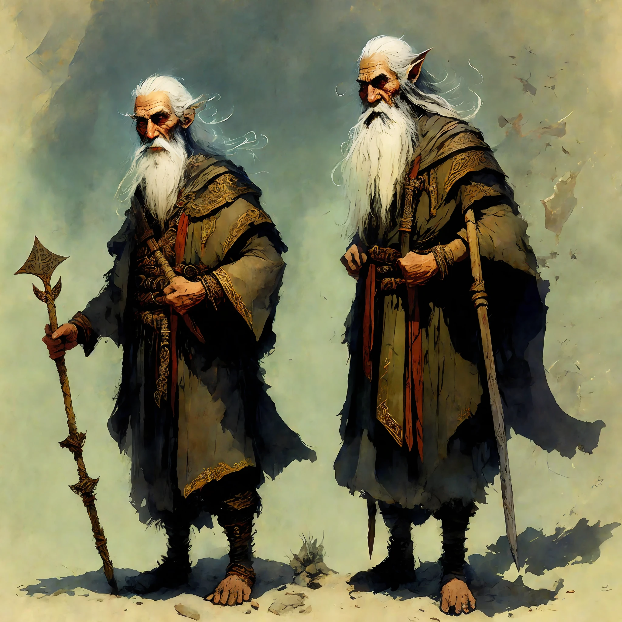 Eldorin, the Wise Elder: Eldorin is an elf with a long beard and gray hair. He wears a cloak embroidered with ancient runes and holds a staff carved with arcane symbols. As the oldest and wisest of his people, Eldorin is a counselor and mentor, possessing deep knowledge of elven history, magic, and the secrets of the universe. Art style Frank Frazetta