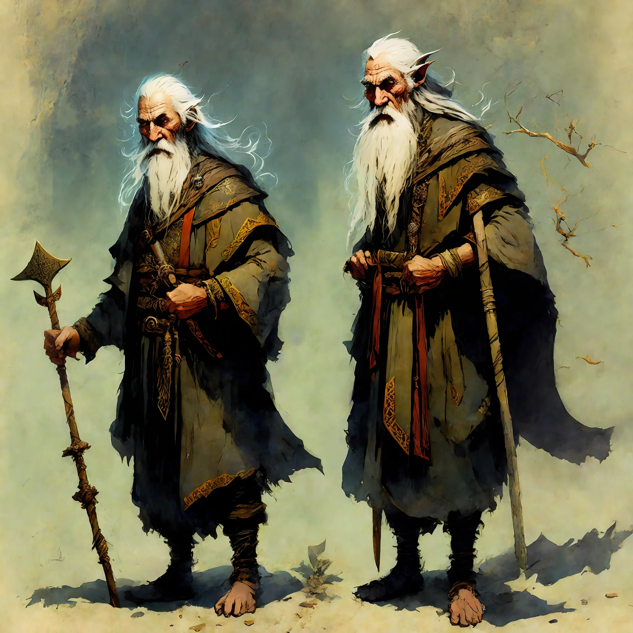 Eldorin, the Wise Elder: Eldorin is an elf with a long beard and gray hair. He wears a cloak embroidered with ancient runes and holds a staff carved with arcane symbols. As the oldest and wisest of his people, Eldorin is a counselor and mentor, possessing deep knowledge of elven history, magic, and the secrets of the universe. Art style Frank Frazetta