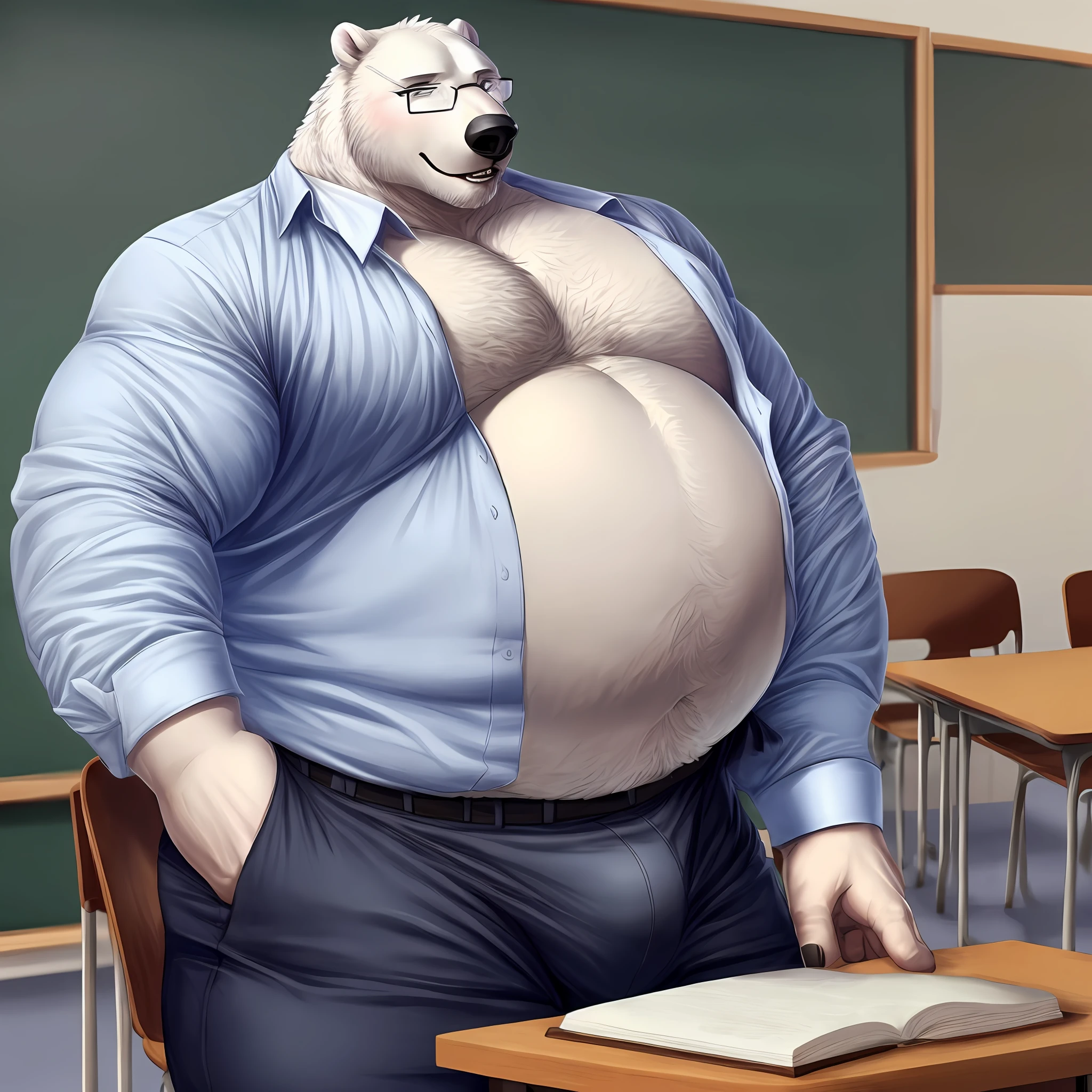 realistic, male, polar bear, big pecs, teacher, classroom, glasses, big bulge, fat, open shirt, slacks