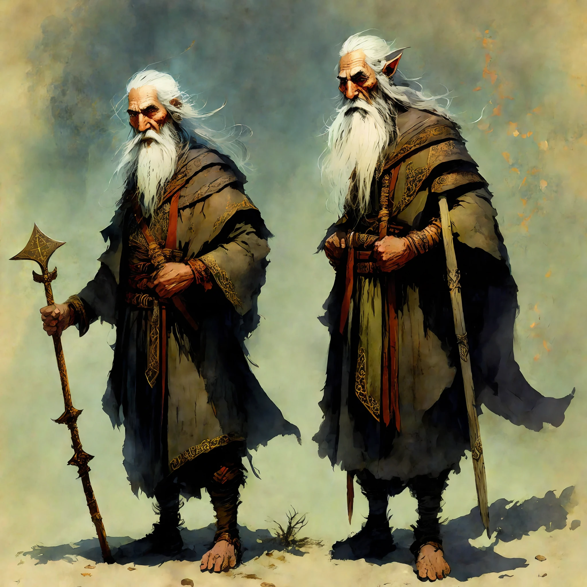 Eldorin, the Wise Elder: Eldorin is an elf with a long beard and gray hair. He wears a cloak embroidered with ancient runes and holds a staff carved with arcane symbols. As the oldest and wisest of his people, Eldorin is a counselor and mentor, possessing deep knowledge of elven history, magic, and the secrets of the universe. Art style Frank Frazetta