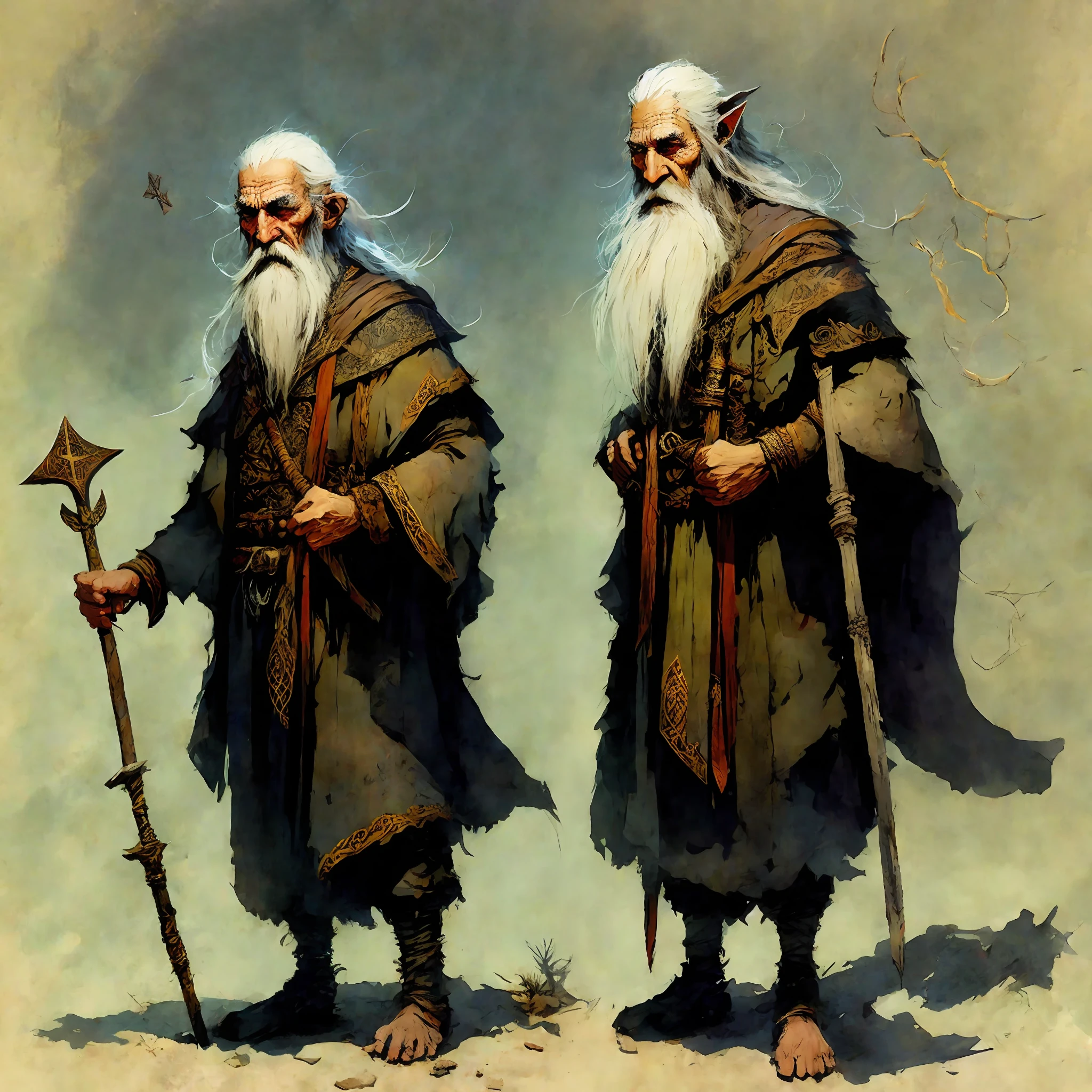 Eldorin, the Wise Elder: Eldorin is an elf with a long beard and gray hair. He wears a cloak embroidered with ancient runes and holds a staff carved with arcane symbols. As the oldest and wisest of his people, Eldorin is a counselor and mentor, possessing deep knowledge of elven history, magic, and the secrets of the universe. Art style Frank Frazetta