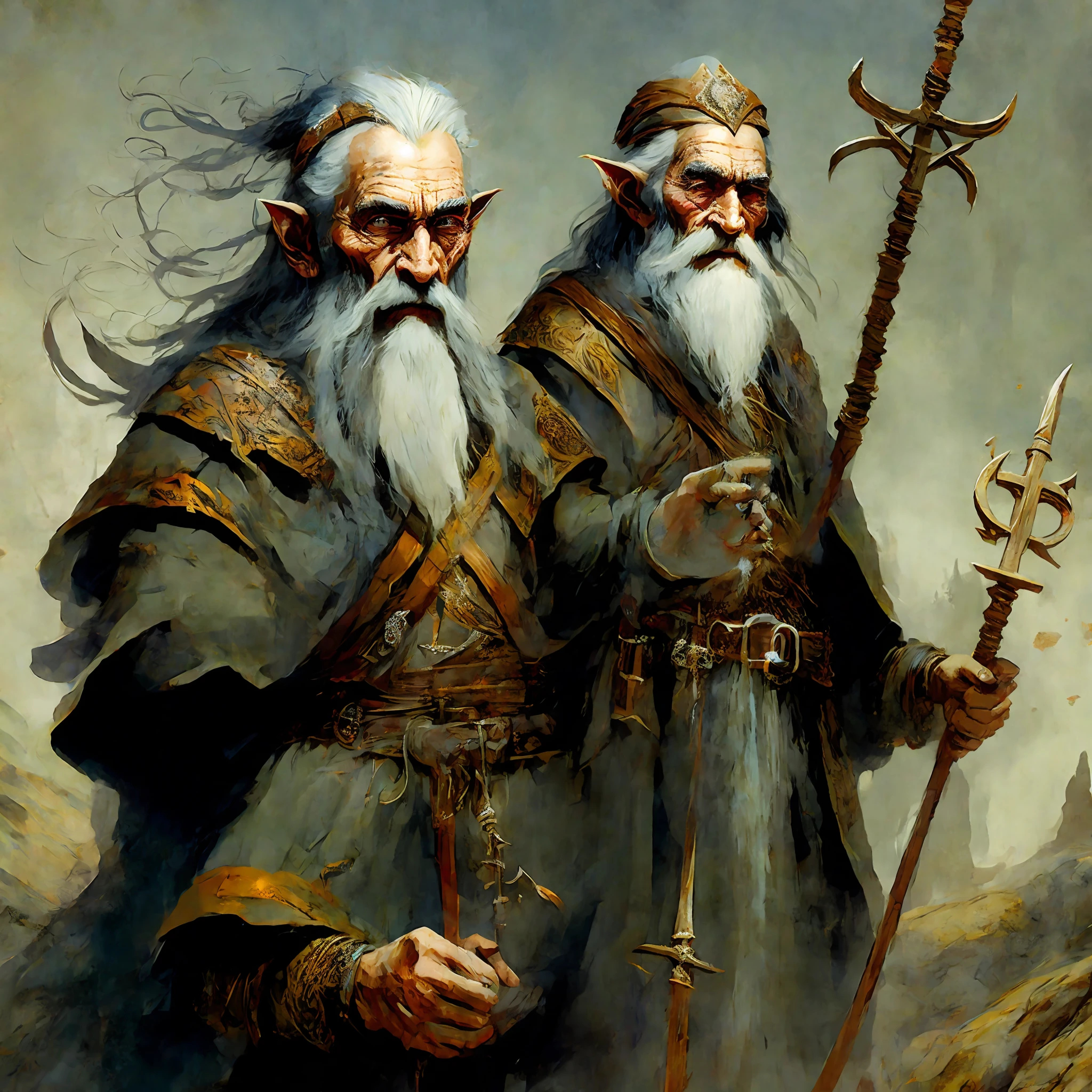 Eldorin, the Wise Elder: Eldorin is an elf with a long beard and gray hair. He wears a cloak embroidered with ancient runes and holds a staff carved with arcane symbols. As the oldest and wisest of his people, Eldorin is a counselor and mentor, possessing deep knowledge of elven history, magic, and the secrets of the universe. Art style Frank Frazetta