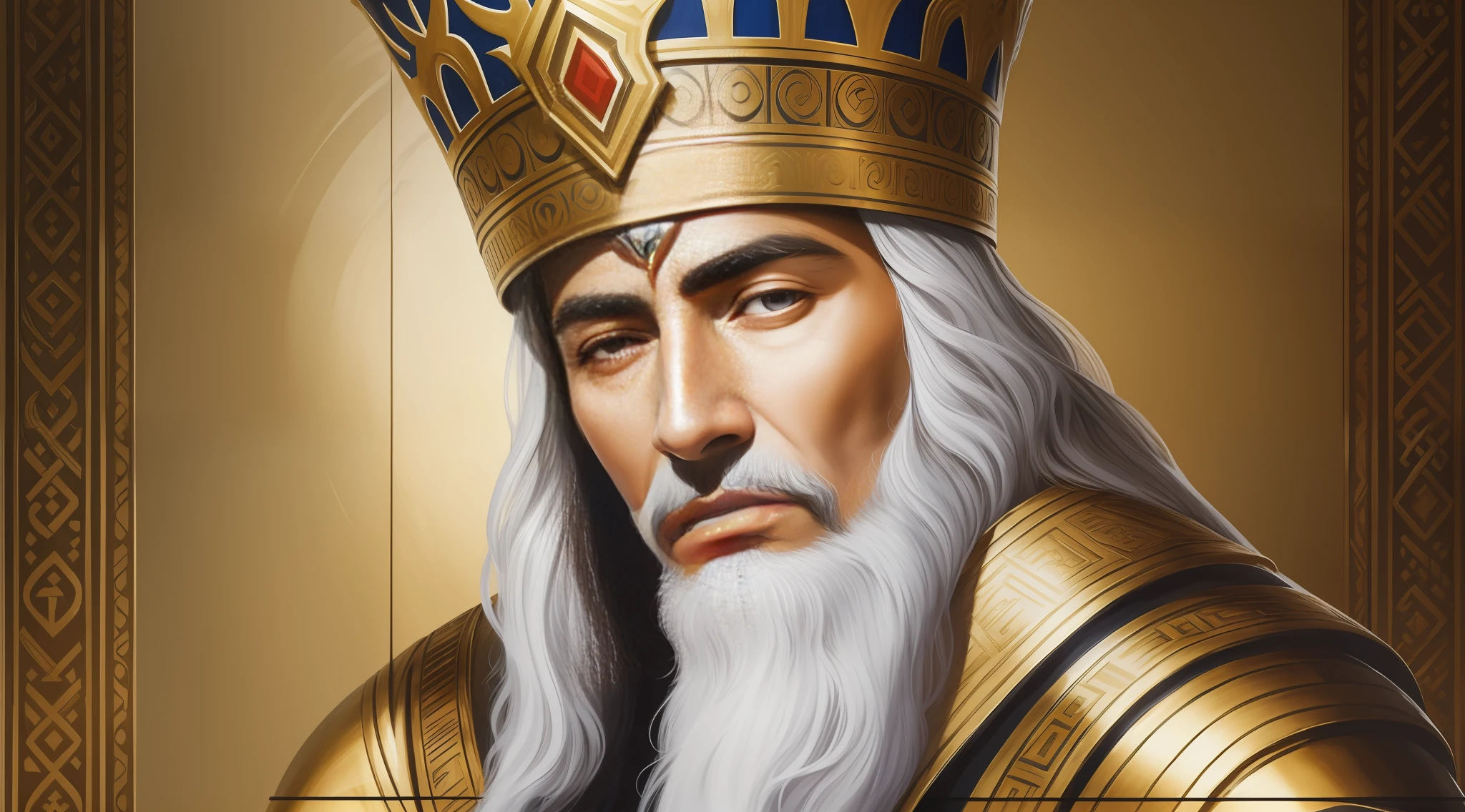 (8k, masterpiece, realistic, high quality), Face of the Syrian king Sennacherib, olé's painting, black hair and dark beard, aged and marked face, deep wrinkles, thick eyebrows, piercing and intelligent eyes.