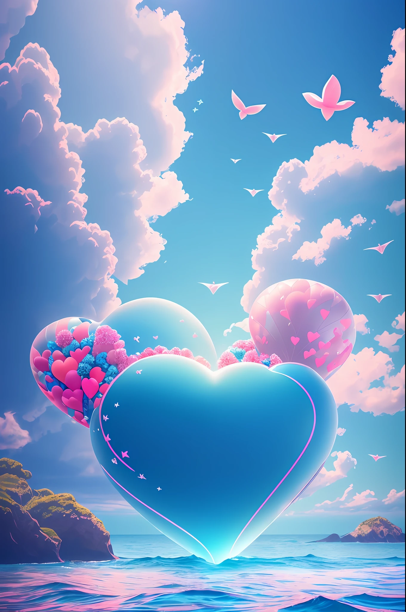 A perfect giant inflatable heart in the sea ((highly detailed)), cinematic style, ((highlights for blue and pink colors)) harmonious mood, romantic, nature environment with flying birds, ((luminous shining stars around)) very cute, intricate, vibrant colors, hyper realistic, 32k HD --auto --s2
