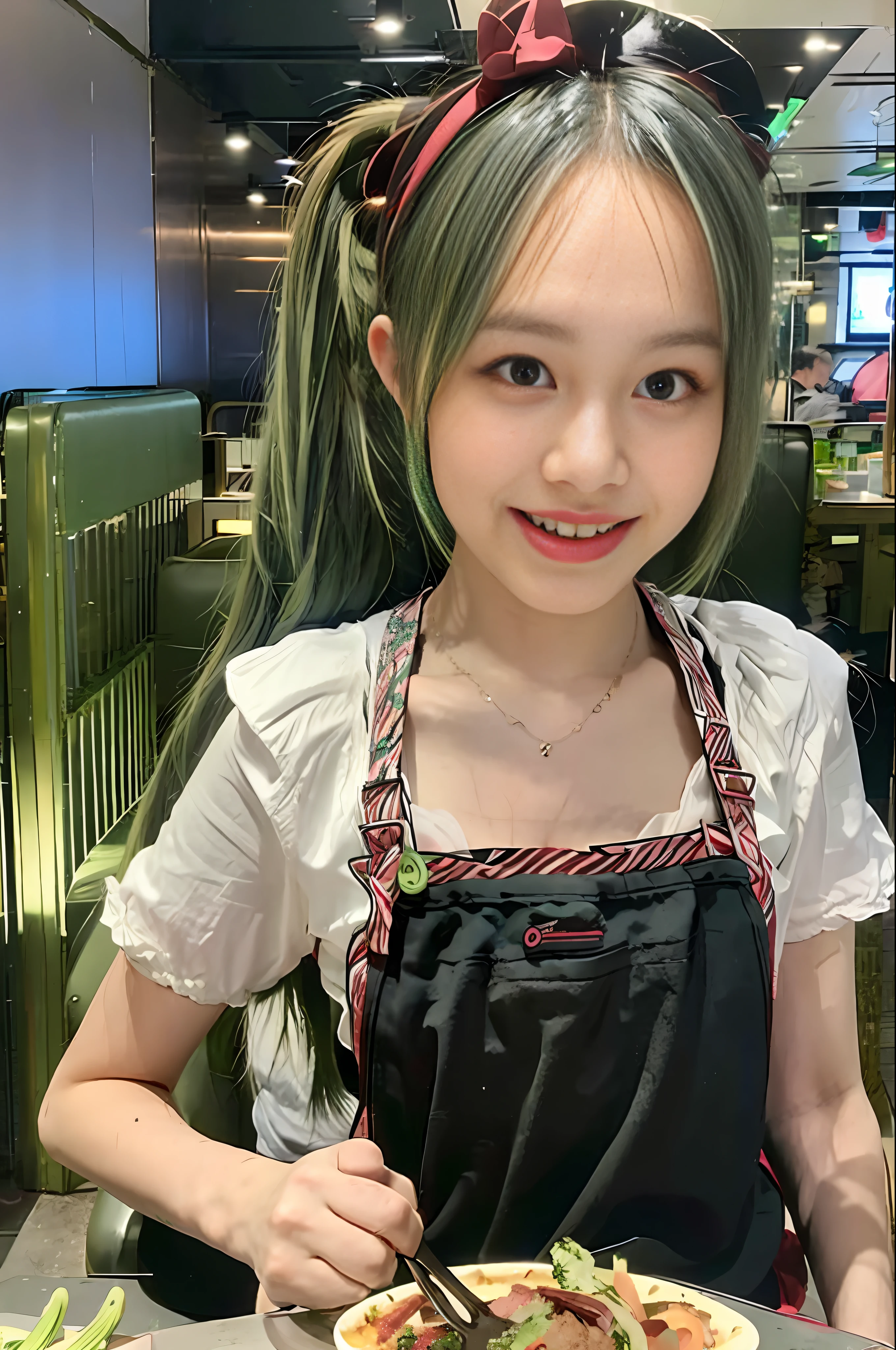 masterpiece, best quality, pov, 1girl,long hair,hatsune miku,headgear,green hair,twintails,apron,smile,table,food,eating,restaurant