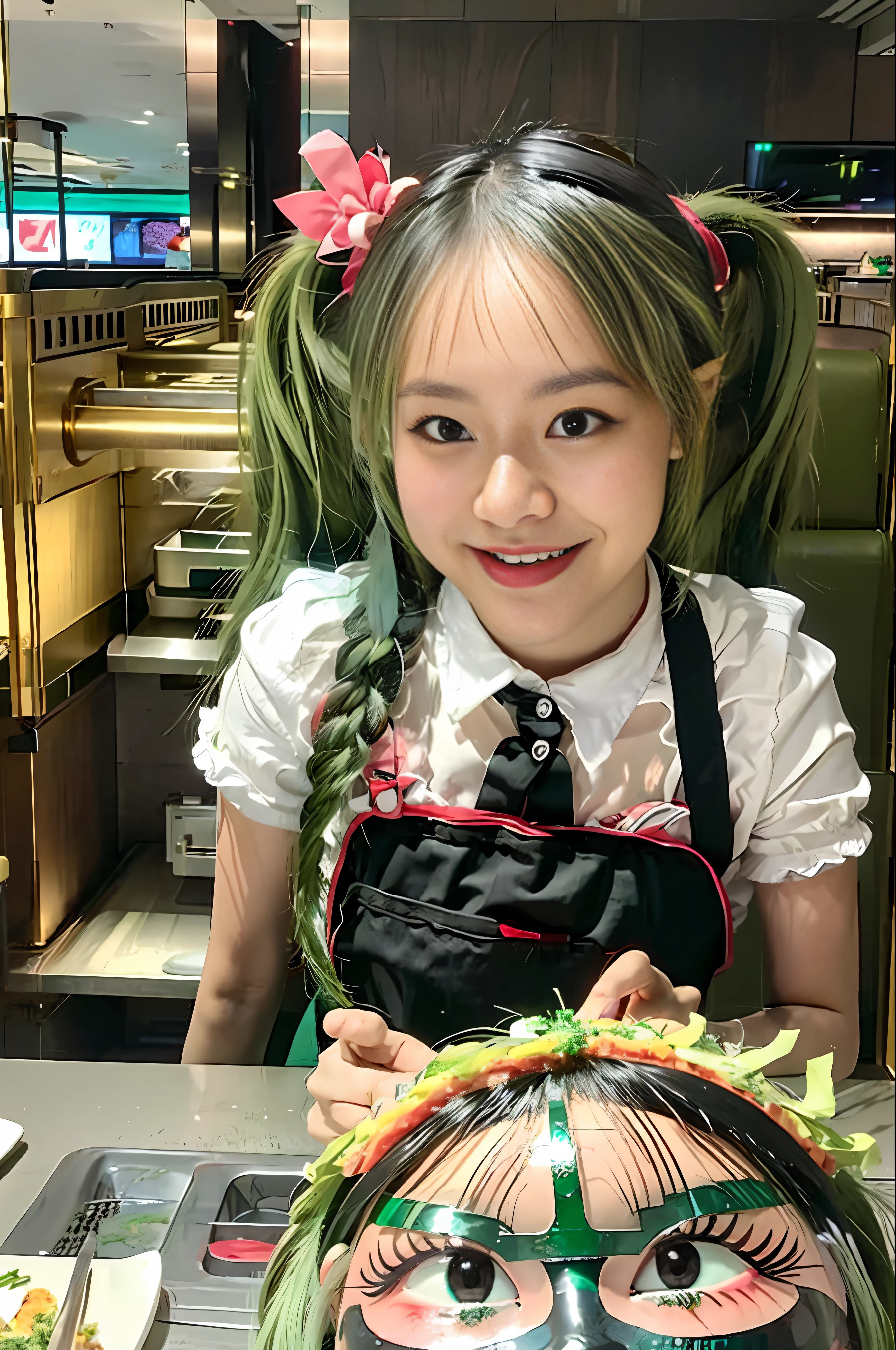masterpiece, best quality, pov, 1girl,long hair,hatsune miku,headgear,green hair,twintails,apron,smile,table,food,eating,restaurant
