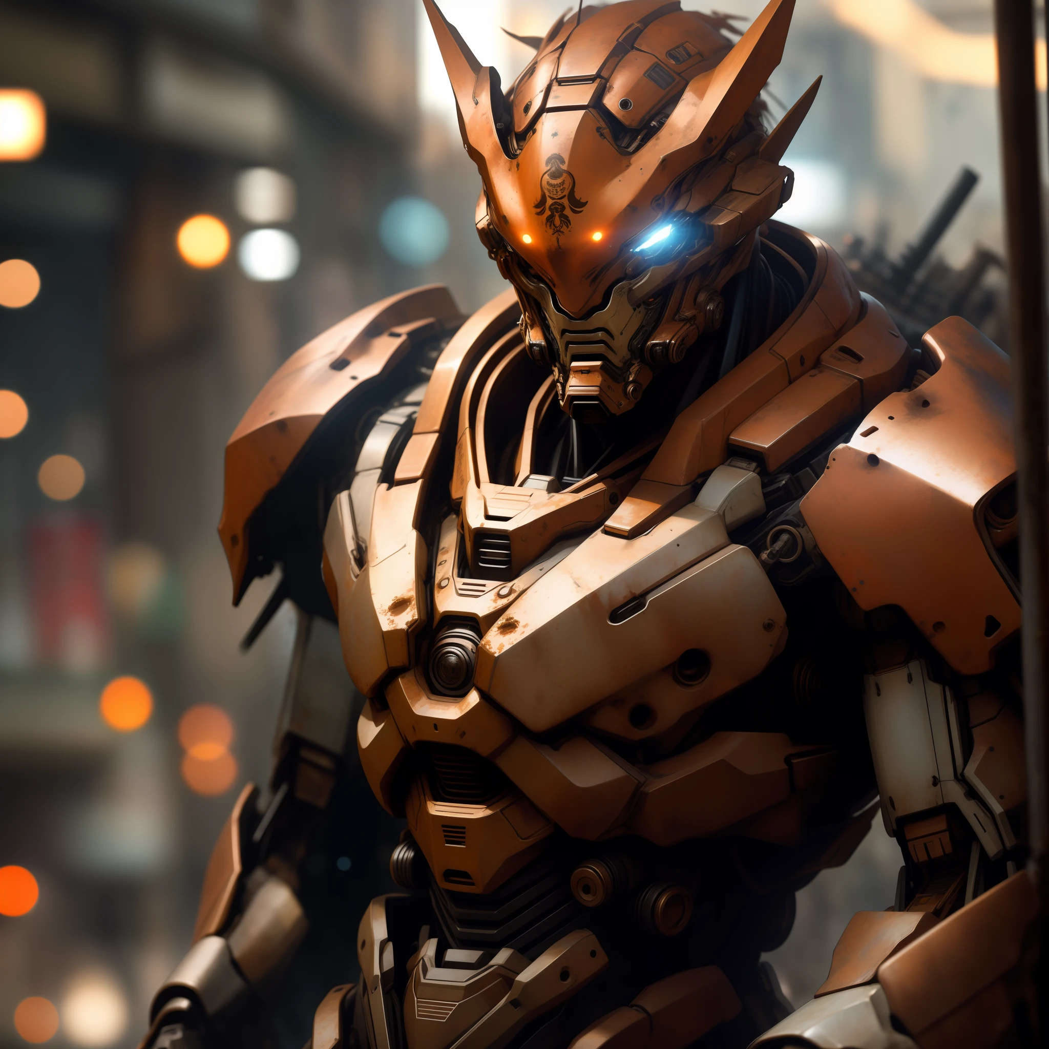 Portrait photo of an alpha male, perfect eyes, in a worn mecha suit, ((light bokeh)), intricate, (steel metal [rust]), elegant, sharp focus, photo by greg rutkowski, soft lighting, vibrant colors, masterpiece, ((streets)), cowboy shot, dynamic pose,