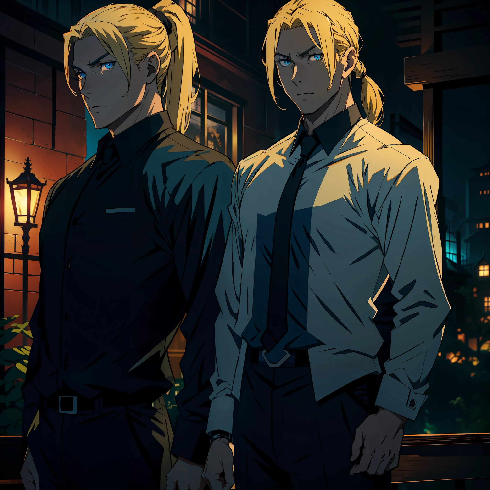 anime style man, full body, handsome man, blonde man, tall, muscular, shoulder-length hair tied with ponytail, blue eyes, black social clothing, haunted mansion at night