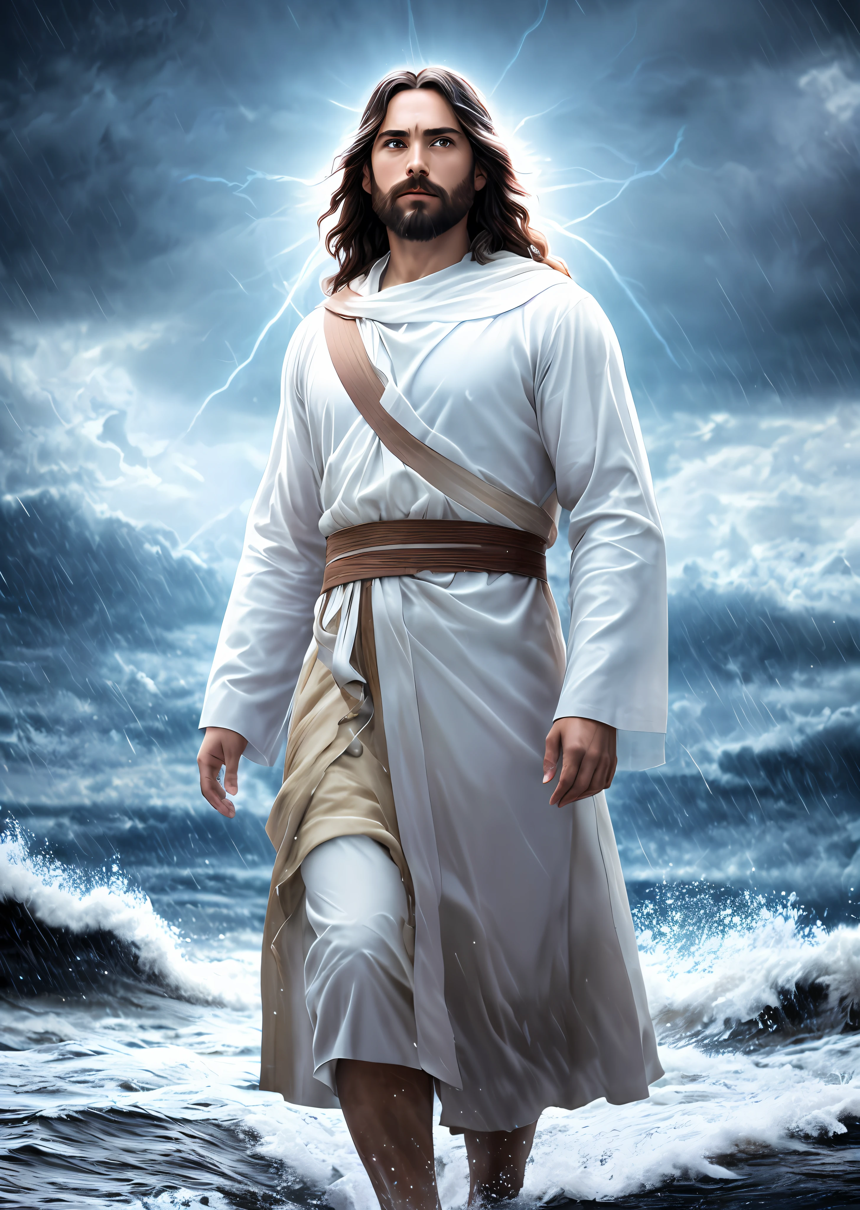 Jesus walking on water in a storm, gentle expression, streaks of light coming down from the sky, masterpiece, highest quality, high quality, highly detailed CG unit 8k wallpaper, award-winning photos, bokeh, depth of field, HDR, bloom, chromatic aberration, realistic, very detailed, trending at artstation, trending at CGsociety, complex, high detail, dramatic, mid-journey art, volumetric lighting