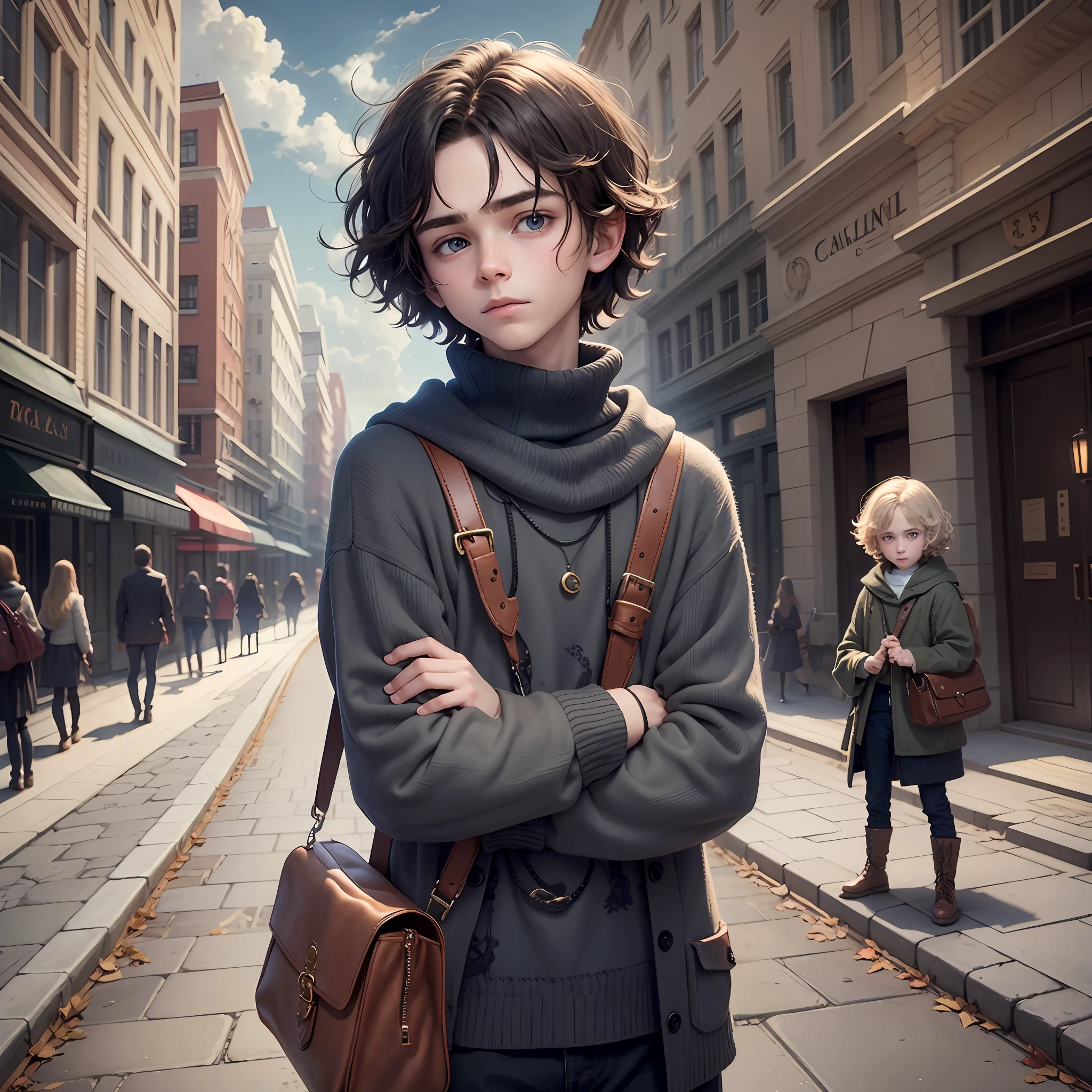 Carl is a 16 year old, with fair hair. He's wearing a dark sweater, and he has a small bag that's slung over his shoulder and a wand in right hand.
