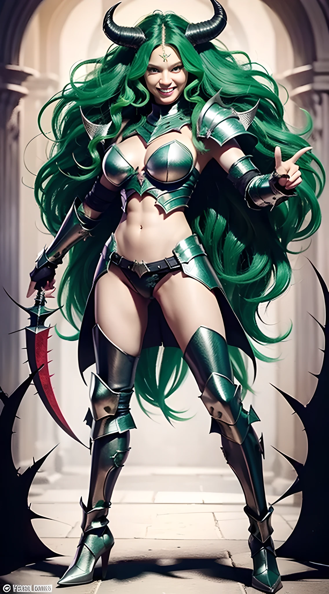 Western woman between 32 years, strong, muscular, model, long hair, demonic smile, manic smile, afro hair, voluminous wavy hair, green hair, optimistic, smiling, cheerful, destructive, black detailed armor, warrior, black epic armor, black divine armor, black infernal armor, black devilish armor, conan, womanizer, muscles, full body, full body, horns, demon horns, thorns, pointed armor,  thorns in armor, (skin:0.1)