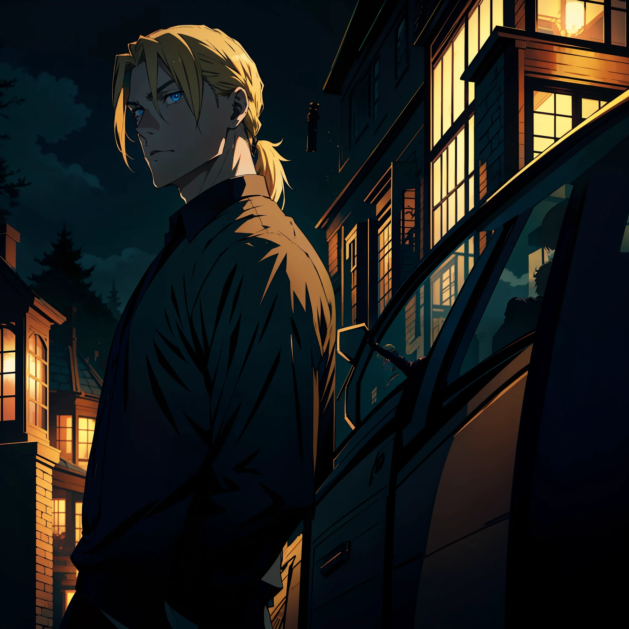 anime style man, handsome man, blond man, tall, muscular, shoulder-length hair tied with ponytail, blue eyes, black social clothing, whole body, back facing a haunted mansion at night