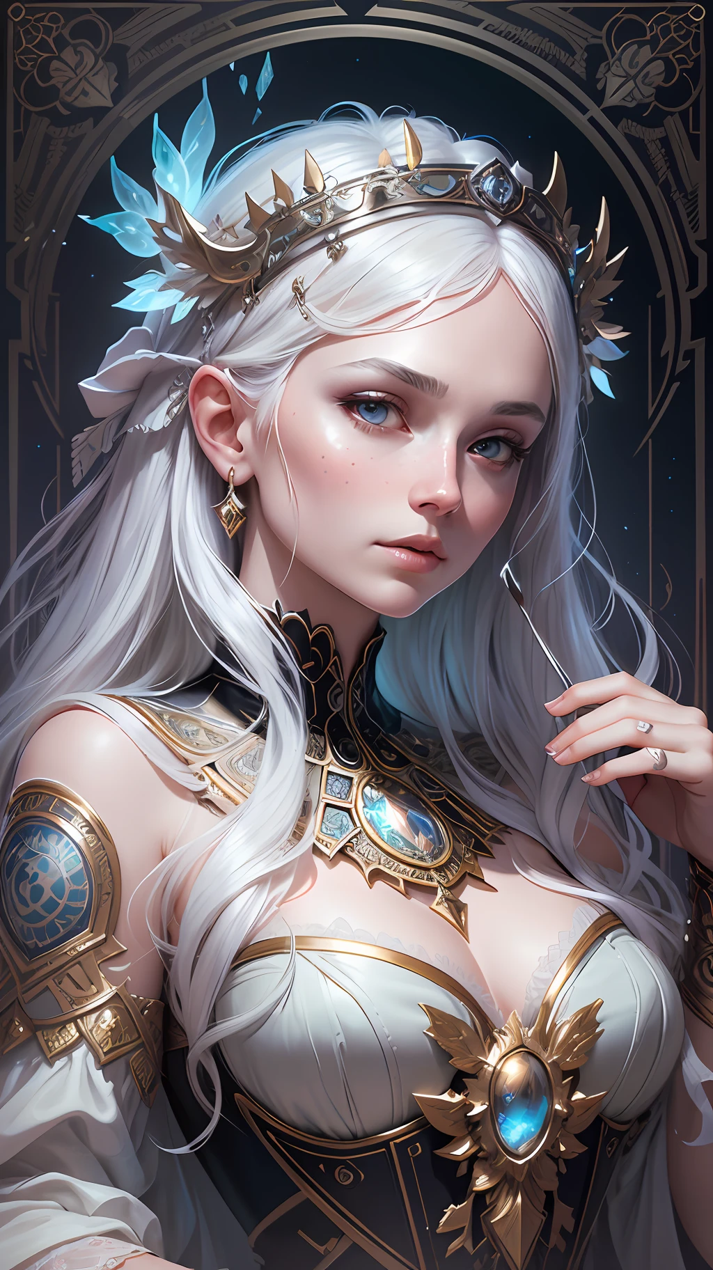 A stunning photorealistic portrait photograph of a beautiful woman, ethereal goddess, albino, white hair, white eyebrows, full body, baroque intricate silver headdress, cover, hyperdetailed painting, luminism, Bar lighting, complex, 4k resolution concept art portrait by Greg Rutkowski, Artgerm, WLOP, Alphonse Mucha, little fusion, realistic fantasy, fractal isometrics details bioluminescence, beautiful awesome, 3d render, octane render, intricately detailed, cinematic, trending on artstation | Isometric | Centered hypereallistic cover photo awesome full color, hand drawn, dark, gritty, realistic mucha, klimt, 12k