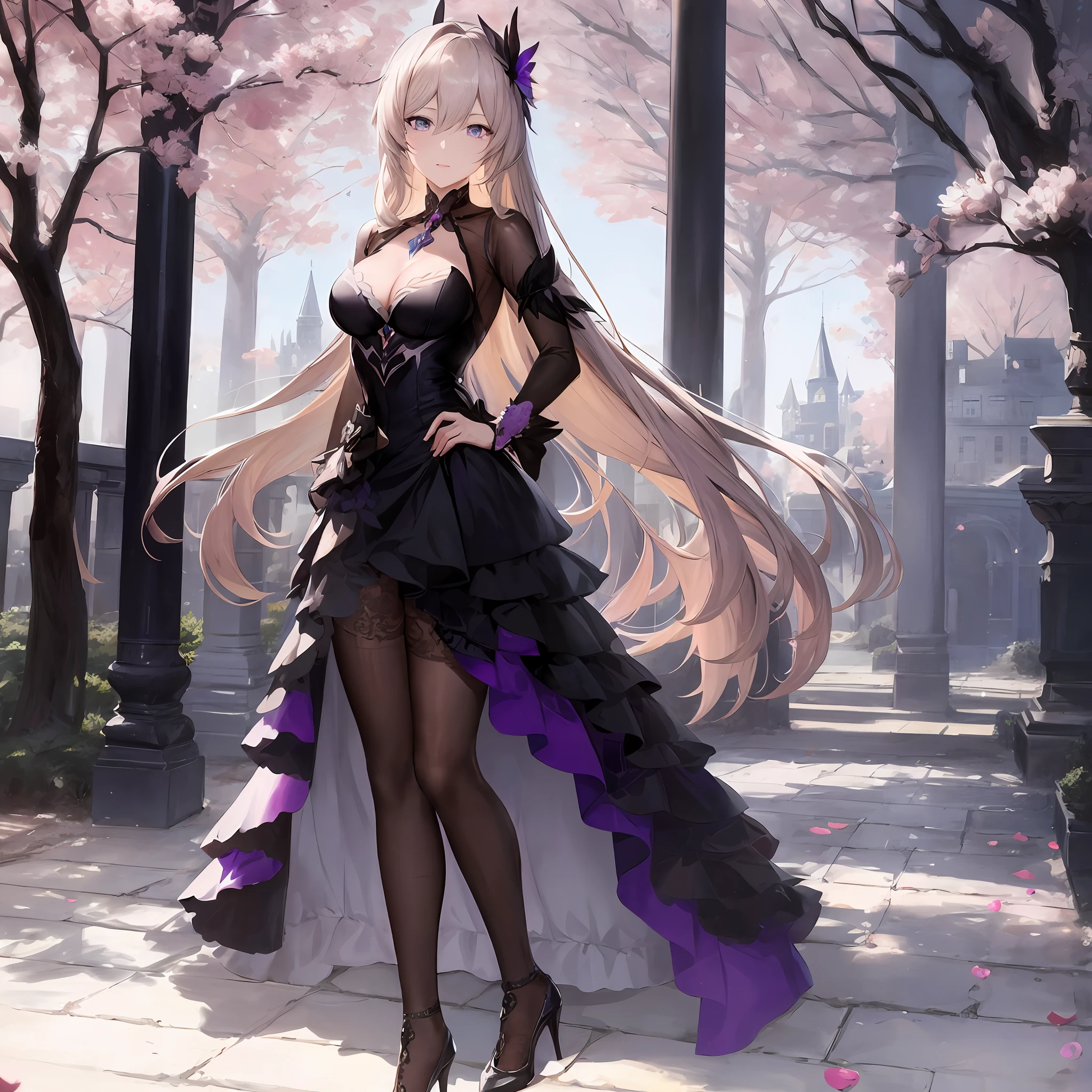 Rita Rossweisse, honkai impactbeautiful woman with long blonde hair slightly greyed and black dress with long purple layered,nice,extremely detailed with many elegant details, posing in front of a castle in the middle of a nice plateau, beautiful day, flying birds,fine details. cushart krenz key art,shadowverse style,cg,sexy,extremely detailed,hair ornament,adult,30 years,yummy,masterpiece.best quality,high heels,lilac eyes,extremely defined body,thin waist,dynamic lights and shadows.cherry trees,antagonist,alone in picture,many details