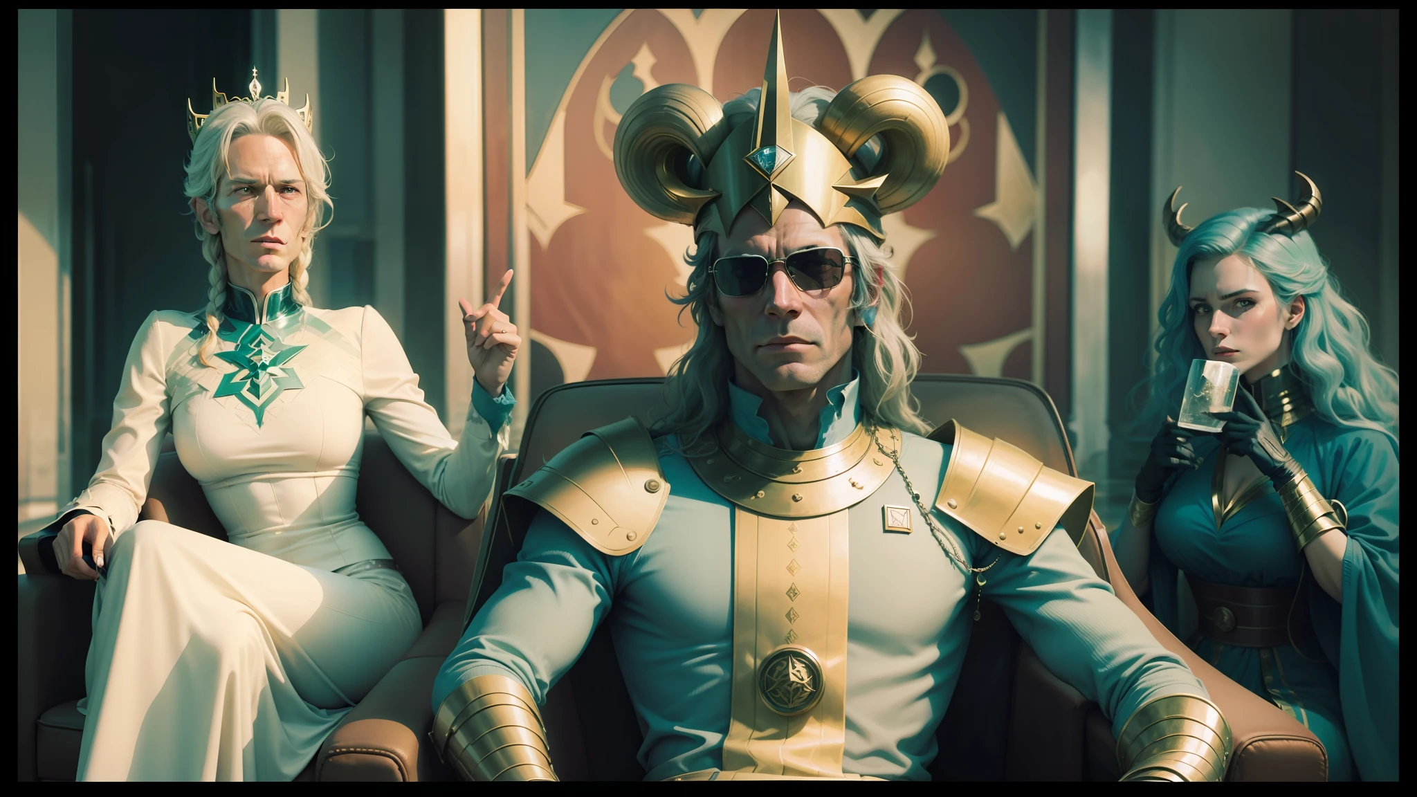 there are two men and a woman in costume sitting on a chair, inspired by Jodorowsky, still in loki ( 2 0 2 1 ), golden computers, dark shield glasses, a god with horns, rivers. space colony, sideburns, pulp comic style, Altichiero inspired, angel-headed hipsters, year 2 3 0 0, djinn, thomas jane --auto --s2