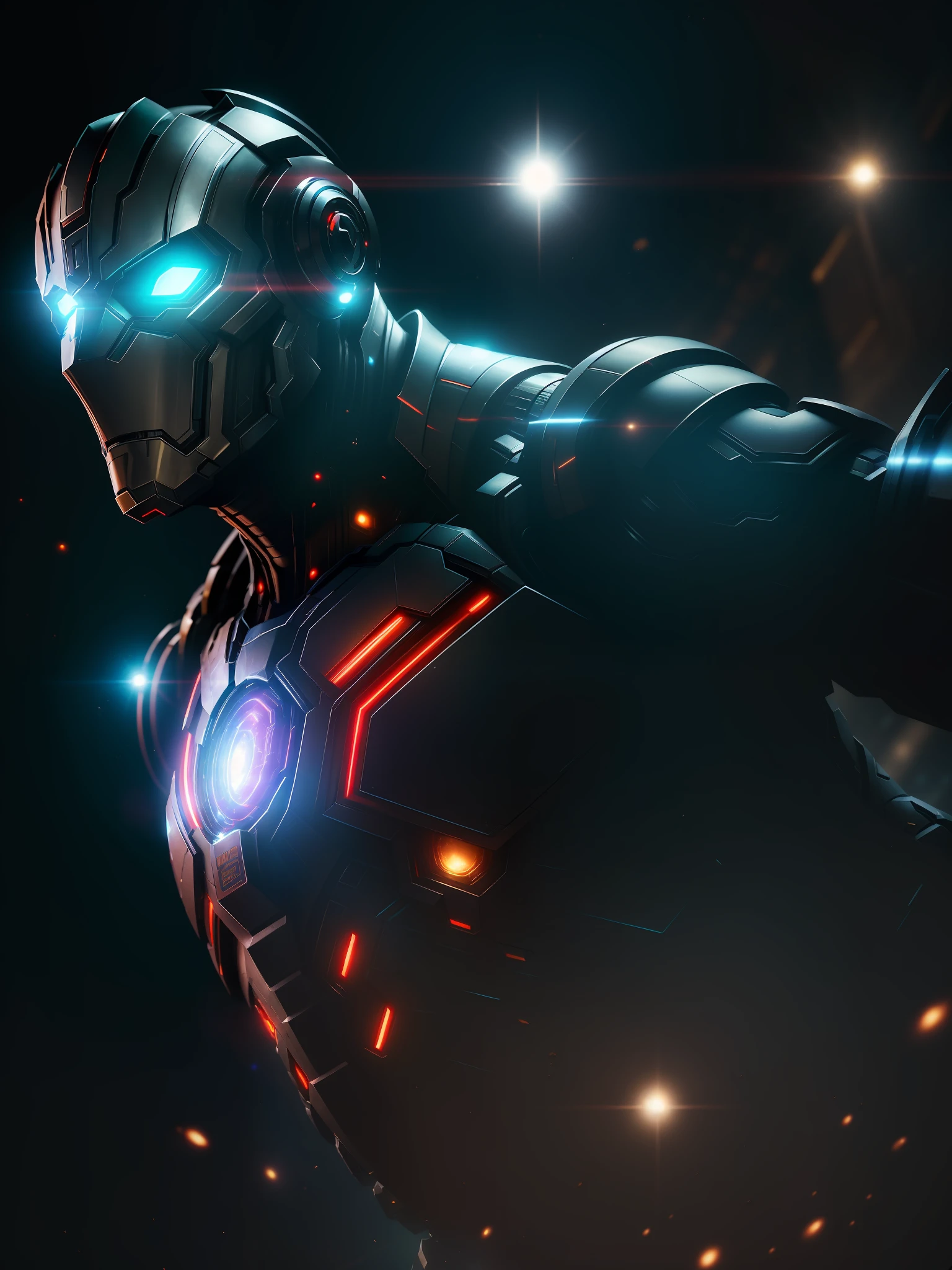 Scene from Movie, Ultron from Marvel Close-Up Shot, Distorted Space, Distorted Undead in the Background, Lens Flares, Light Shafts, Intricate Details, High Detailed, Volumetric Lighting, 4k Rendering, Stock Photo, Hyper-Realistic, Realistic Textures, Dramatic Lighting, Unreal Engine