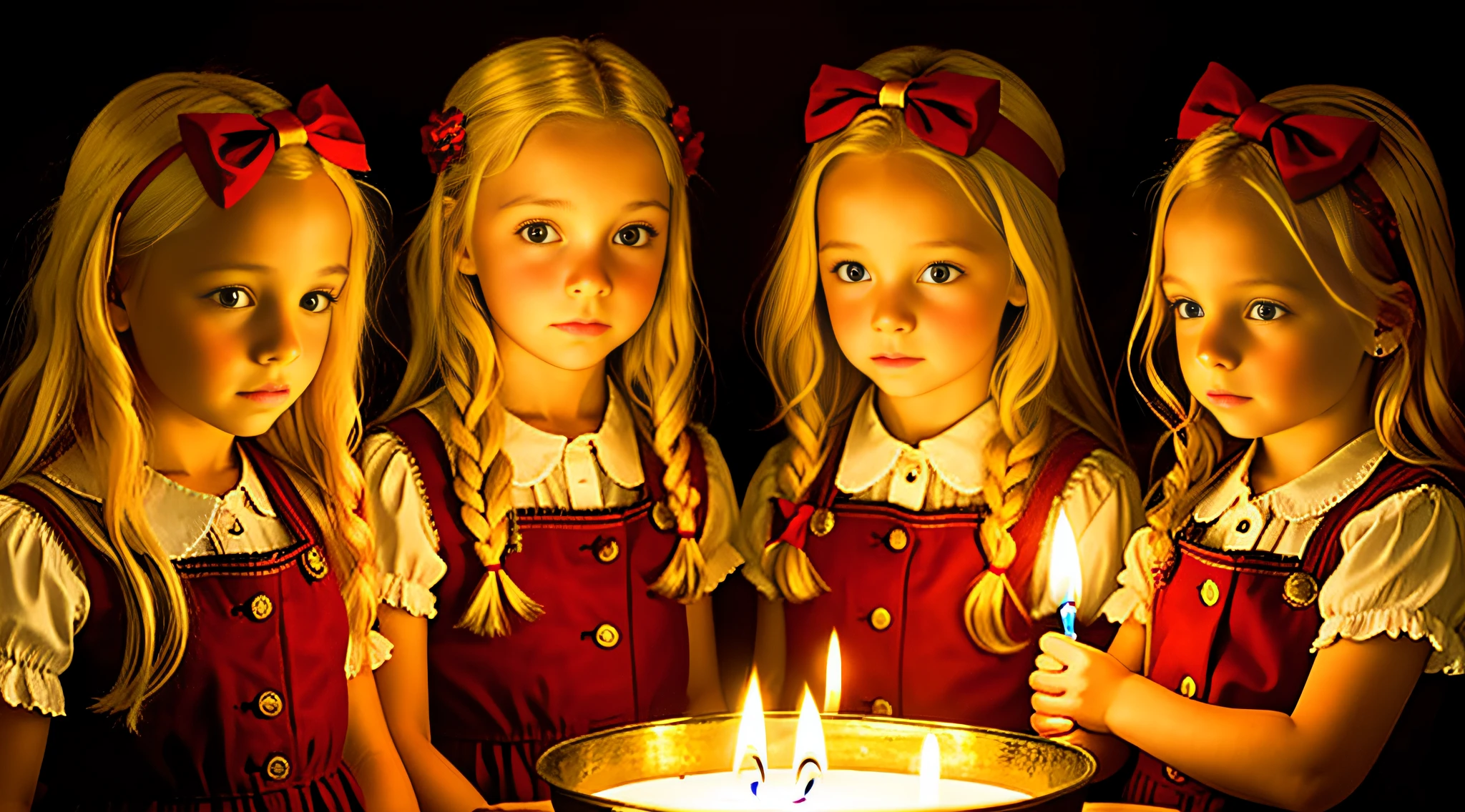 girl children BLONDES WITH LOCKS WITH ON THE HEAD FIRE-COLORED BOWS, RED BACKGROUND, CANDLES WITH FIRE,