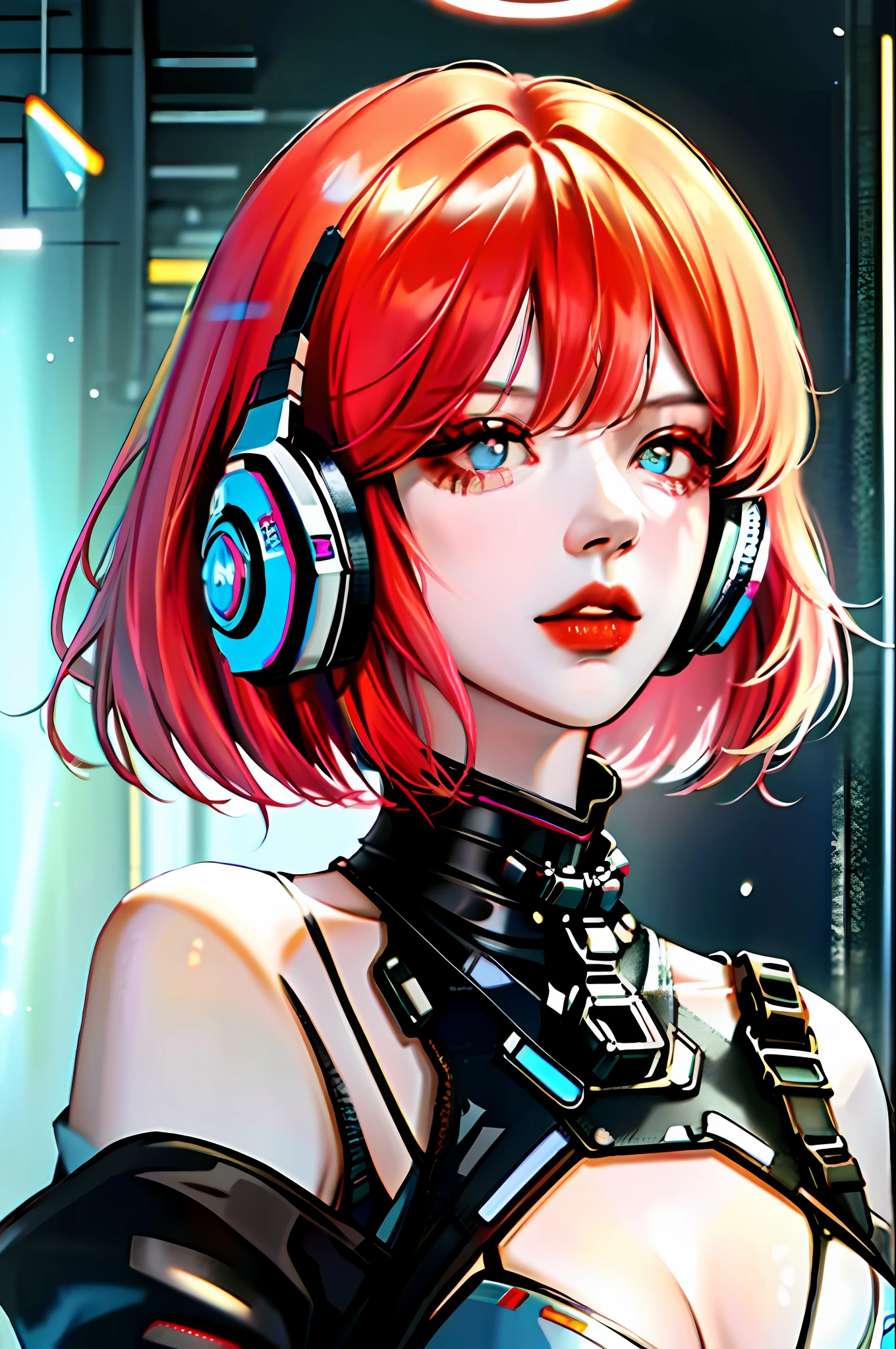 2girl, bangs, red hair, blue eyes, fashi-girl, bob cut, short hair, neckline, collarbone, open jacket, lock, cyberpunk, neon lights, big breasts, mature female, bright skin, rain, water drop, badass, seducer,mecha musume,ghost in shell,red lips,looking to the side,mouth closed,headphones,cinematic lighting