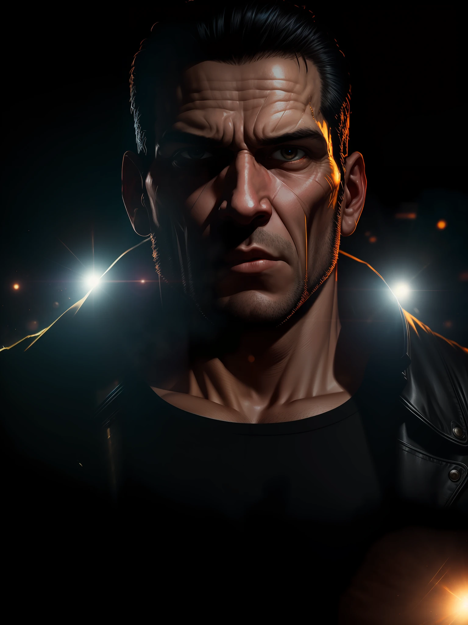 Scene from Movie, Punisher from Marvel Close-Up Shot, Distorted Space, Distorted Undead in the Background, Lens Flares, Light Shafts, Intricate Details, High Detailed, Volumetric Lighting, 4k Rendering, Stock Photo, Hyper-Realistic, Realistic Textures, Dramatic Lighting, Unreal Engine