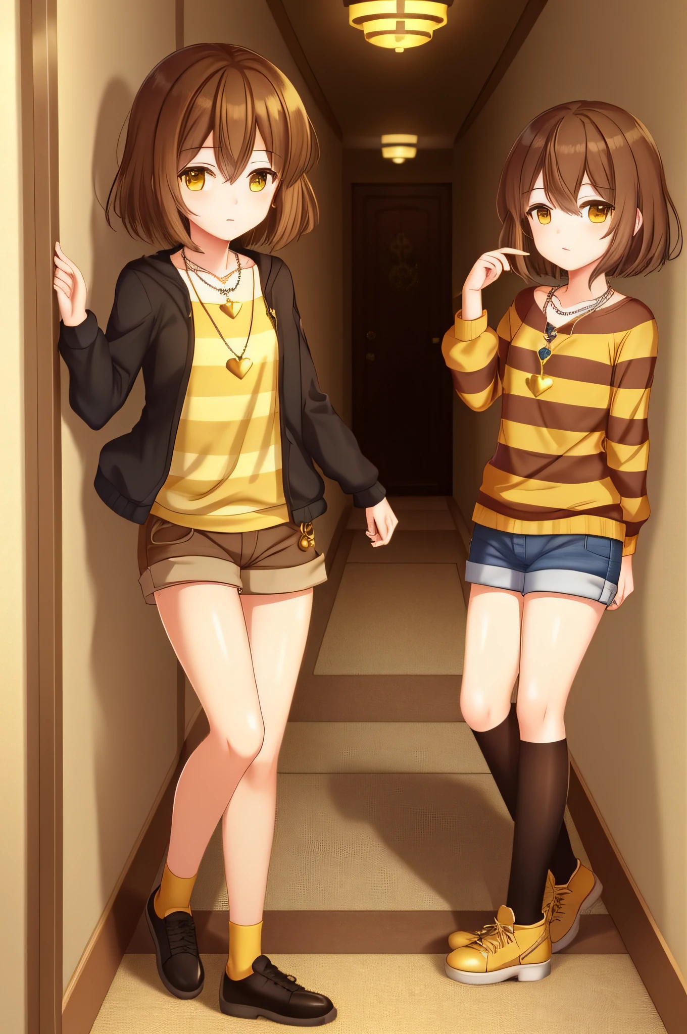 ((best quality)), ((masterpiece)), (detailed), Undertale Frisk, brown hair, (brown shorts: 1.3), bob cut, short hair, black pantyhose with yellow stripes, (yellow shirt with brown stripes: 1.3), yellow eyes, (1girl: 1.3), (only: 1.3), stripes, striped shirt, slightly thick thighs, a necklace with a small golden heart ornament medallion, rune delta logo on the medallon,  Standing in a hallway, inside a house