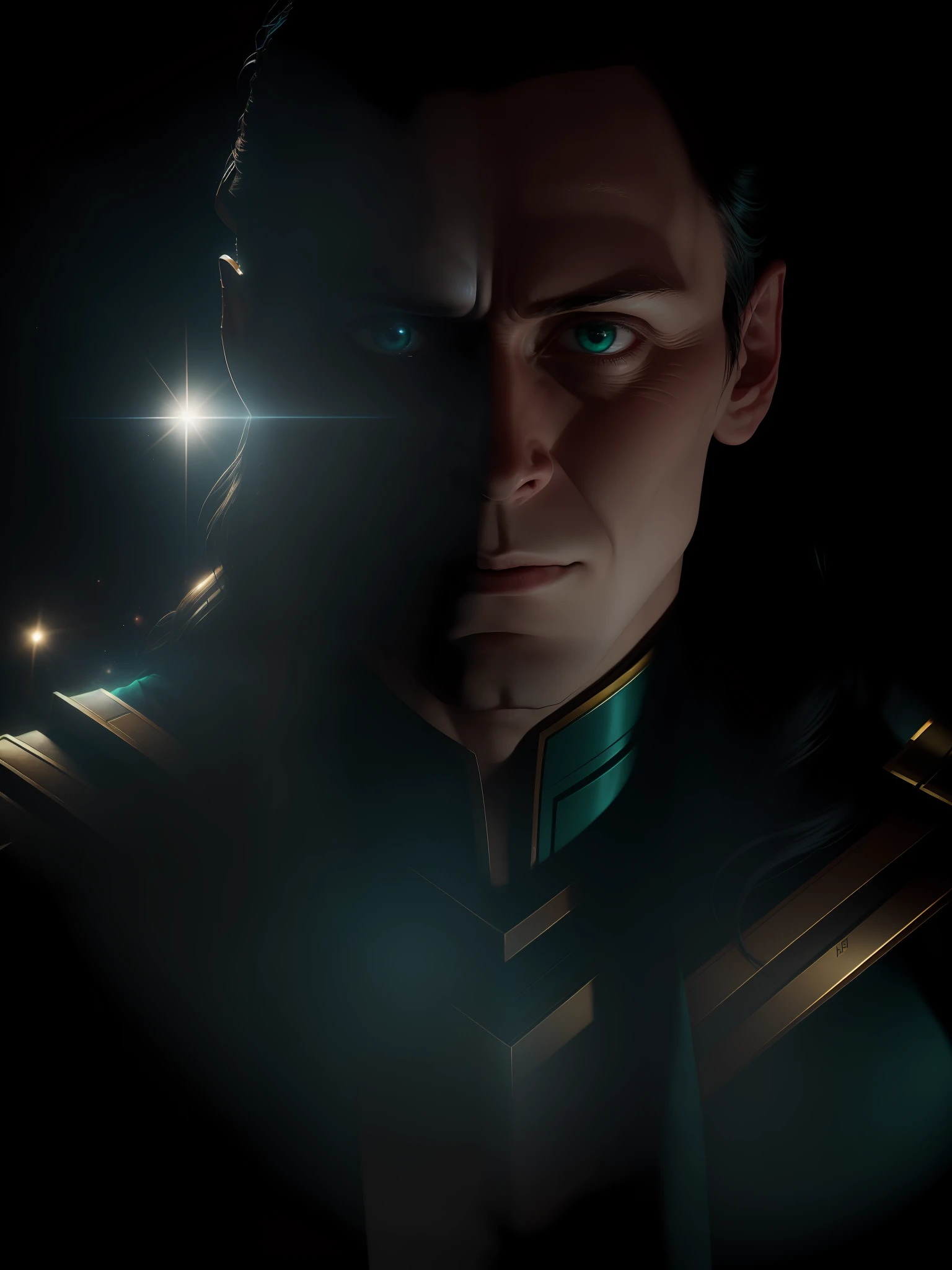 Scene from Movie, Loki from Marvel Close-Up Shot, Distorted Space, Distorted Undead in the Background, Lens Flares, Light Shafts, Intricate Details, High Detailed, Volumetric Lighting, 4k Rendering, Stock Photo, Hyper Realistic, Realistic Textures, Dramatic Lighting, Unreal Engine