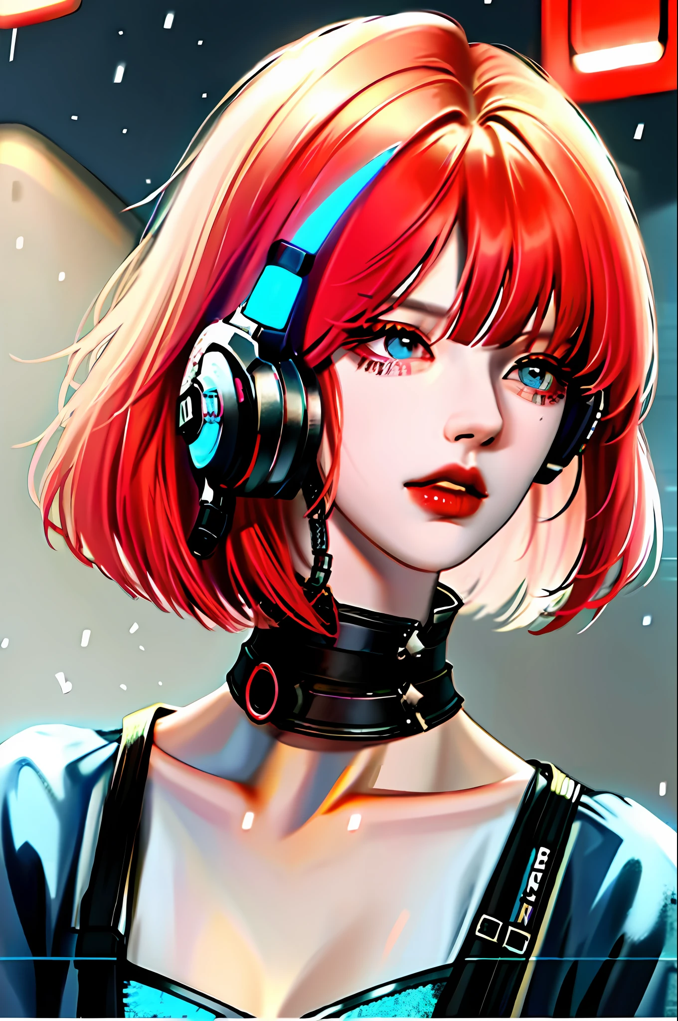 2girl, bangs, red hair, blue eyes, fashi-girl, bob cut, short hair, neckline, collarbone, open jacket, lock, cyberpunk, neon lights, , mature femaight skin, rain, water drop, badass, seducer,mecha musume,ghost in shell,red lips,looking to the side,mouth closed,headphones,cinematic lighting