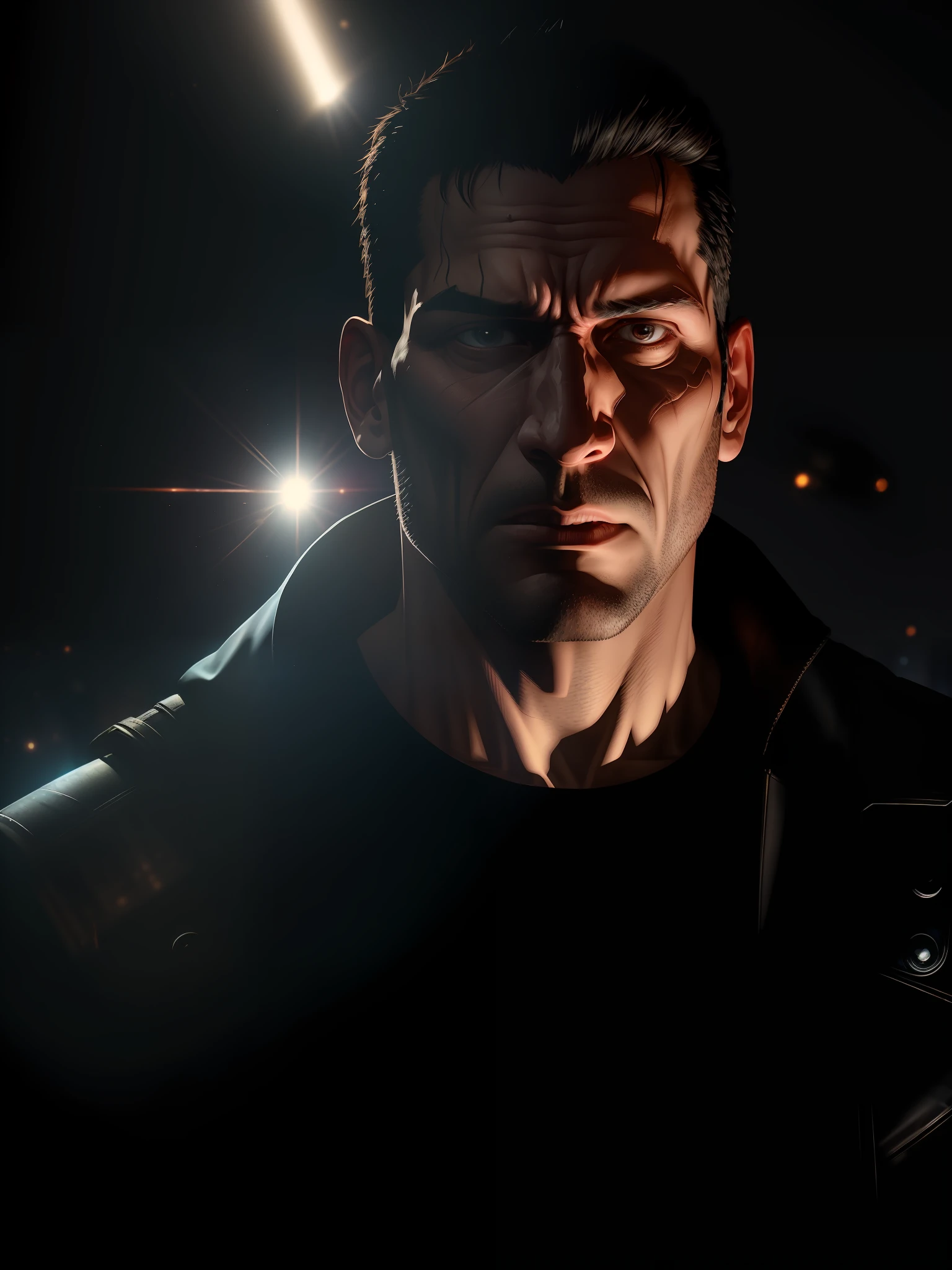 Scene from Movie, Punisher from Marvel Close-Up Shot, Distorted Space, Distorted Undead in the Background, Lens Flares, Light Shafts, Intricate Details, High Detailed, Volumetric Lighting, 4k Rendering, Stock Photo, Hyper-Realistic, Realistic Textures, Dramatic Lighting, Unreal Engine