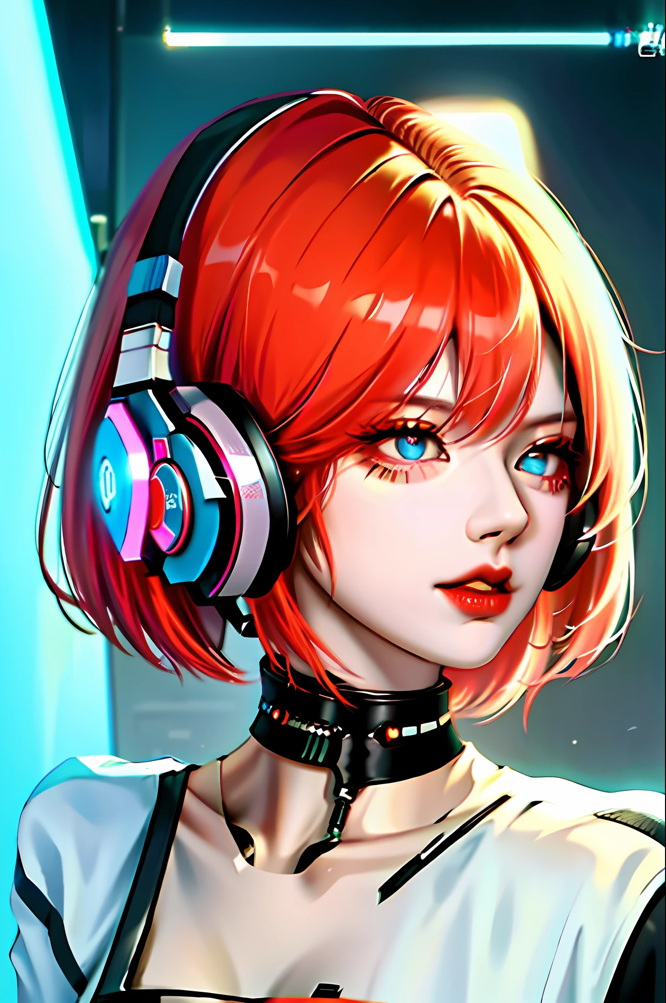 2girl, bangs, red hair, blue eyes, fashi-girl, bob cut, short hair, neckline, collarbone, open jacket, lock, cyberpunk, neon lights, big breasts, mature female, bright skin, rain, water drop, badass, seducer,mecha musume,ghost in shell,red lips,looking to the side,mouth closed,headphones,cinematic lighting