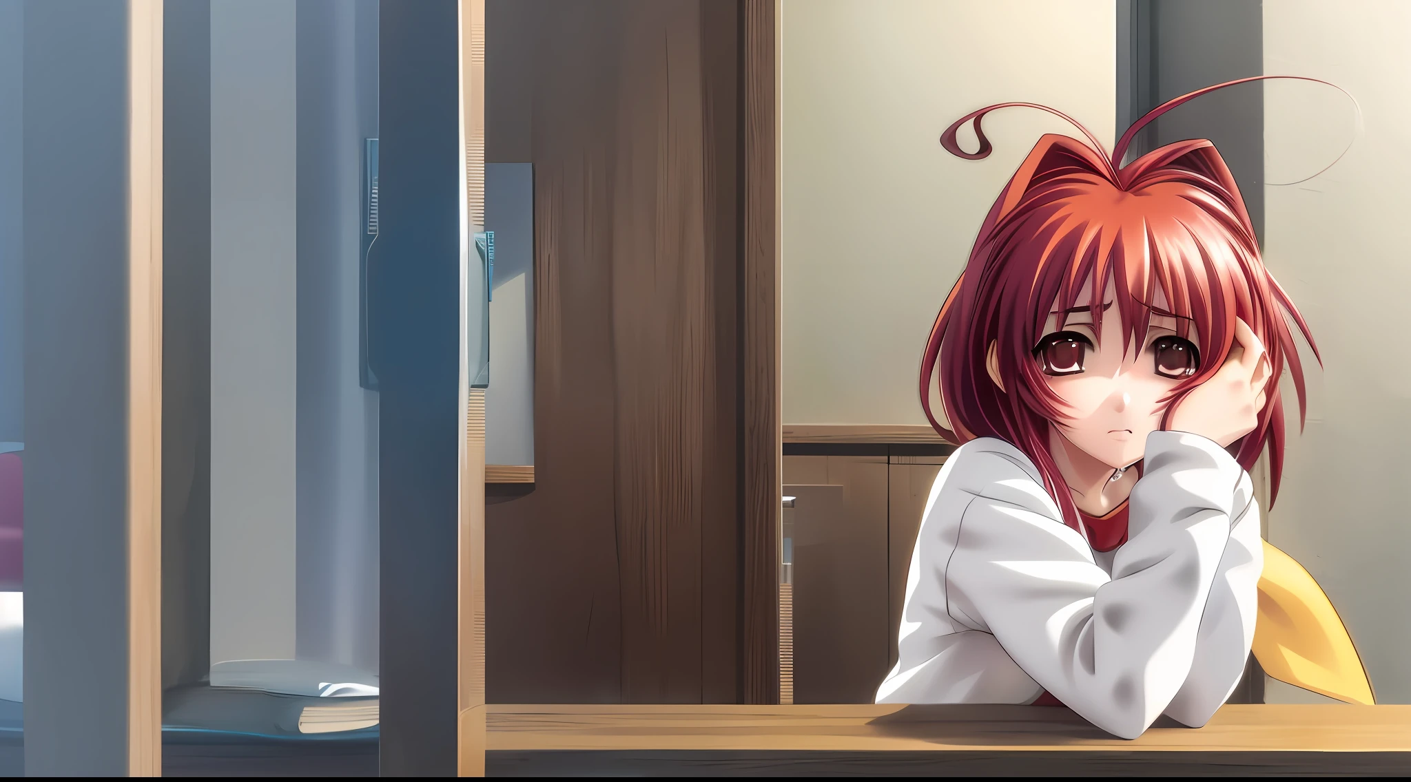 solo, Kagami Sumika, red hair, ahoge, red eyes, looking at viewer, casual clothes, resting head on hands, yellow bow, about to cry