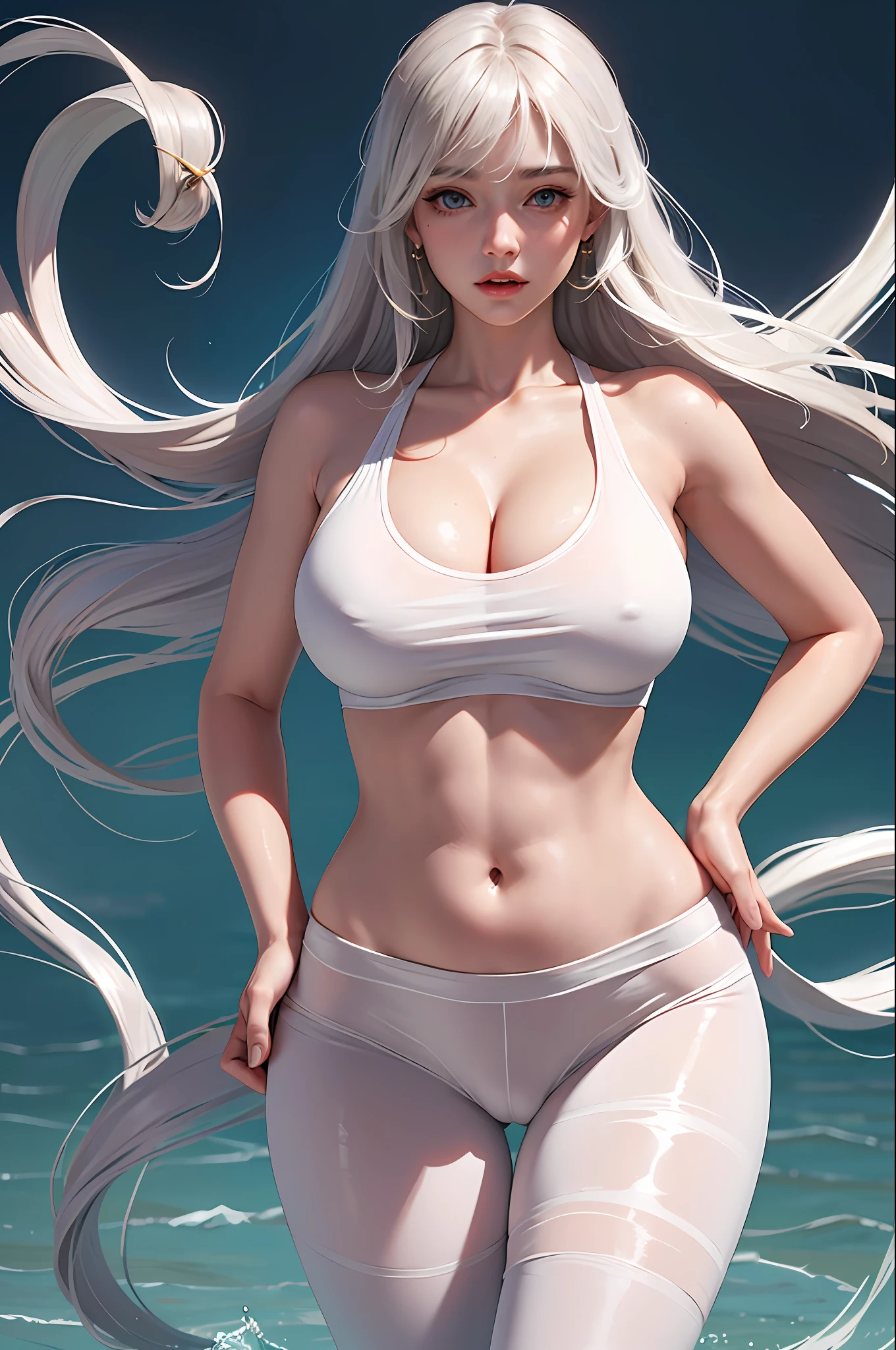(Ultra Real), (Illustration), (High Resolution), (8K), (Very Detailed), (Best Illustration), (Beautiful Detailed Eyes), (Best Quality), (Ultra Detailed), (Masterpiece), (Wallpaper), (Detailed Face), Solo 1 Girl, White Wavy Hair, Korean, Iris Heterochromic Eyes, Small moles under the eyes, Loose white shirt, Yoga Pants, Long Legs, Tight Abs, Camel Toes, Dynamic Pose,Huge, Cleavage, Plump Lower Body