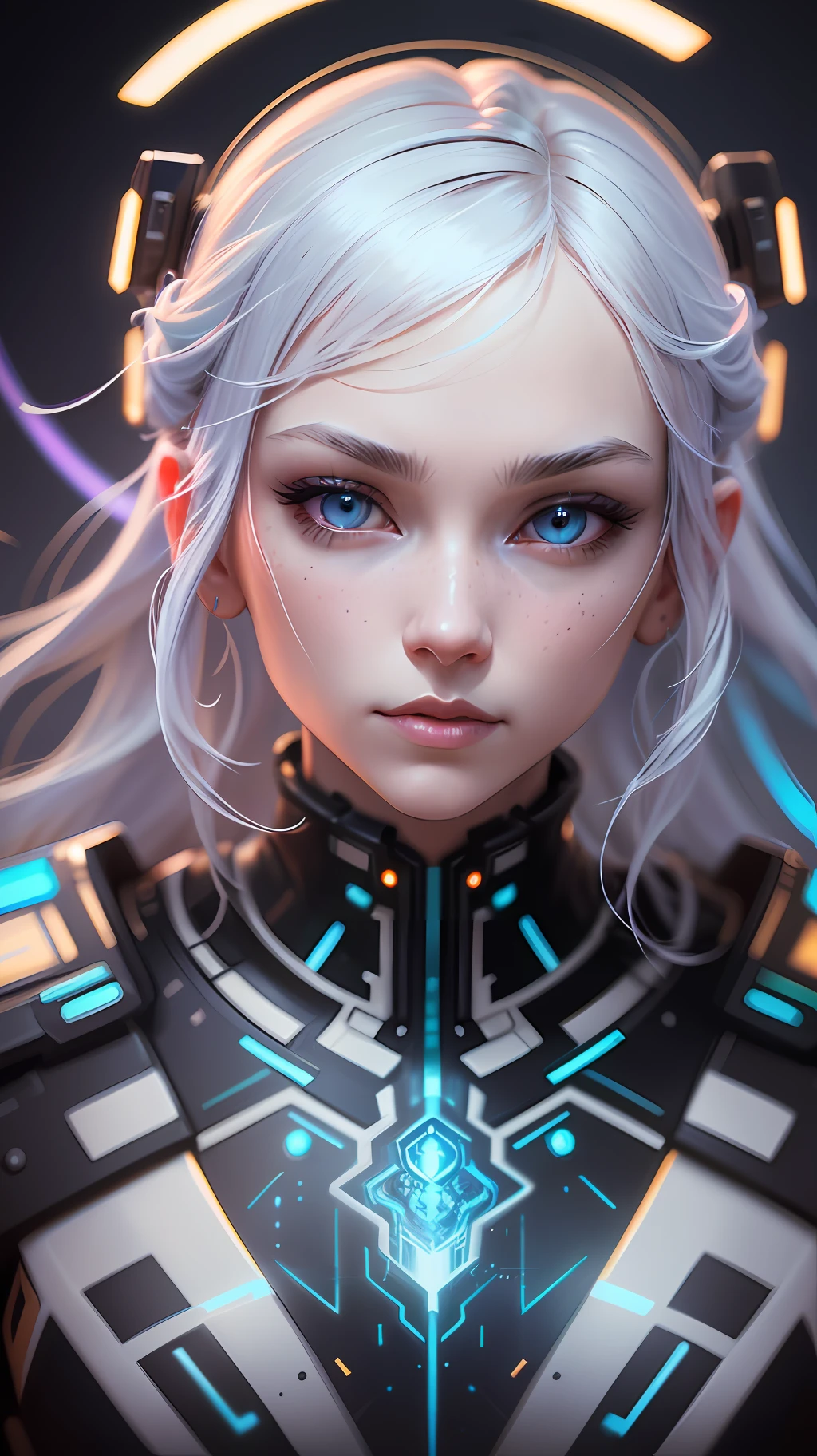 A stunning photorealistic portrait photograph of a beautiful cyberpunk girl, albino, white shapeless cyberpunk hair, white eyebrows, full body, baroque intricate cyber armor, hyperdetailed painting, luminism, Bar lighting, complex, 4k resolution concept art portrait by Greg Rutkowski, Artgerm, WLOP, Alphonse Mucha, little fusion, realistic fantasy, fractal isometrics details bioluminescence, beautiful awesome, 3d render, octane render, intricately detailed, cinematic, trending on artstation | Isometric | Centered hypereallistic cover photo awesome full color, hand drawn, dark, gritty, realistic mucha, klimt, 12k