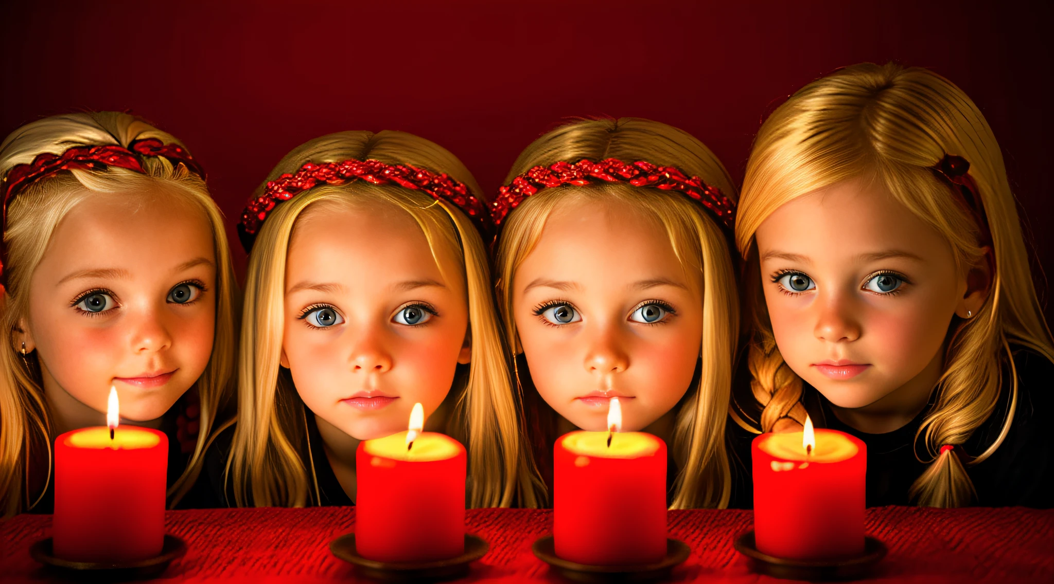 girl children BLONDES WITH LOCKS WITH ON THE HEAD TIES RED COLOR, RED BACKGROUND, CANDLES WITH FIRE,