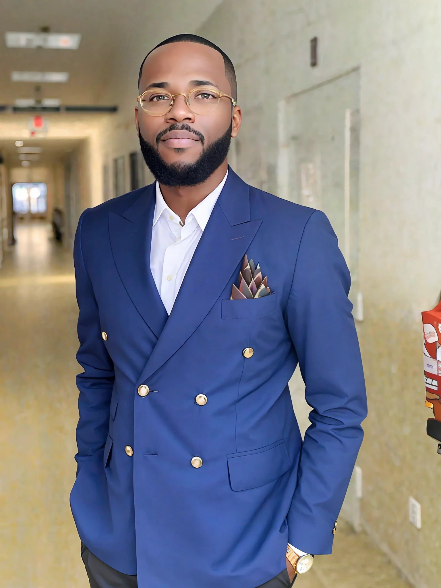 A black man, with a warm and welcoming appearance. He has a chubby build, with a protruding belly that denotes his love of food and perhaps a more comfortable lifestyle. Their skin is rich in dark tones and displays a smooth and healthy texture.
He sports a well-groomed beard, which contributes to his warm and friendly appearance. His beard is dense and slightly gray, showing his age and experience.
His face is complemented by a pair of prescription glasses, which he wears frequently. The glasses have a simple and traditional frame, indicating their preference for functionality over style. They add an intellectual touch to your look and highlight your need for visual correction for better vision.
His personal style is more relaxed and practical than elegant. He values comfort and practicality in his clothes, preferring large and relaxed pieces. He can be seen wearing baggy shirts and comfortable pants, always prioritizing wellness over fashion trends