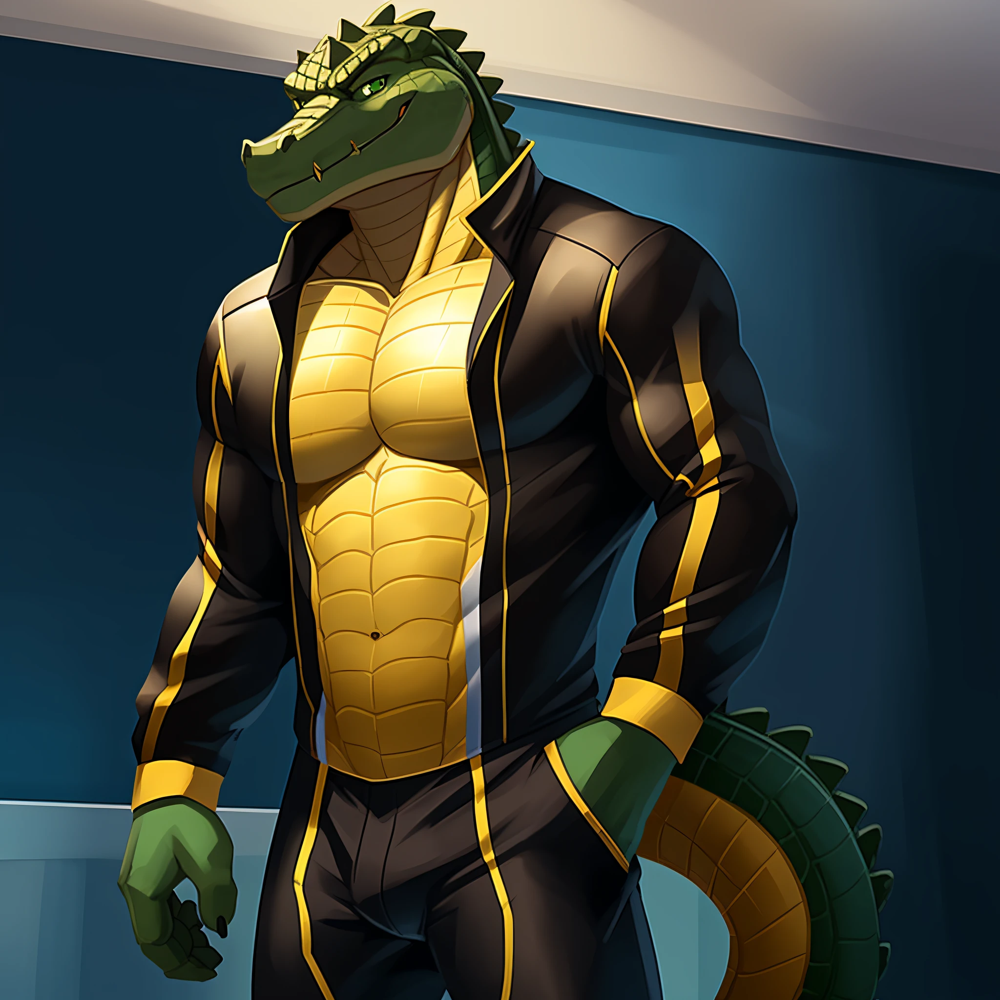 masterpiece, best quality, male, (((solo))) anthro, muscular, cuban crocodile, yellow body scales, dark green scales by the top of the head, crocodile tail, beige belly, scales, open racing suit, exposed chest, black jeans, standing, smirking, detailed green eyes, indoors, soft shadow, full body portrait, commission, simple background