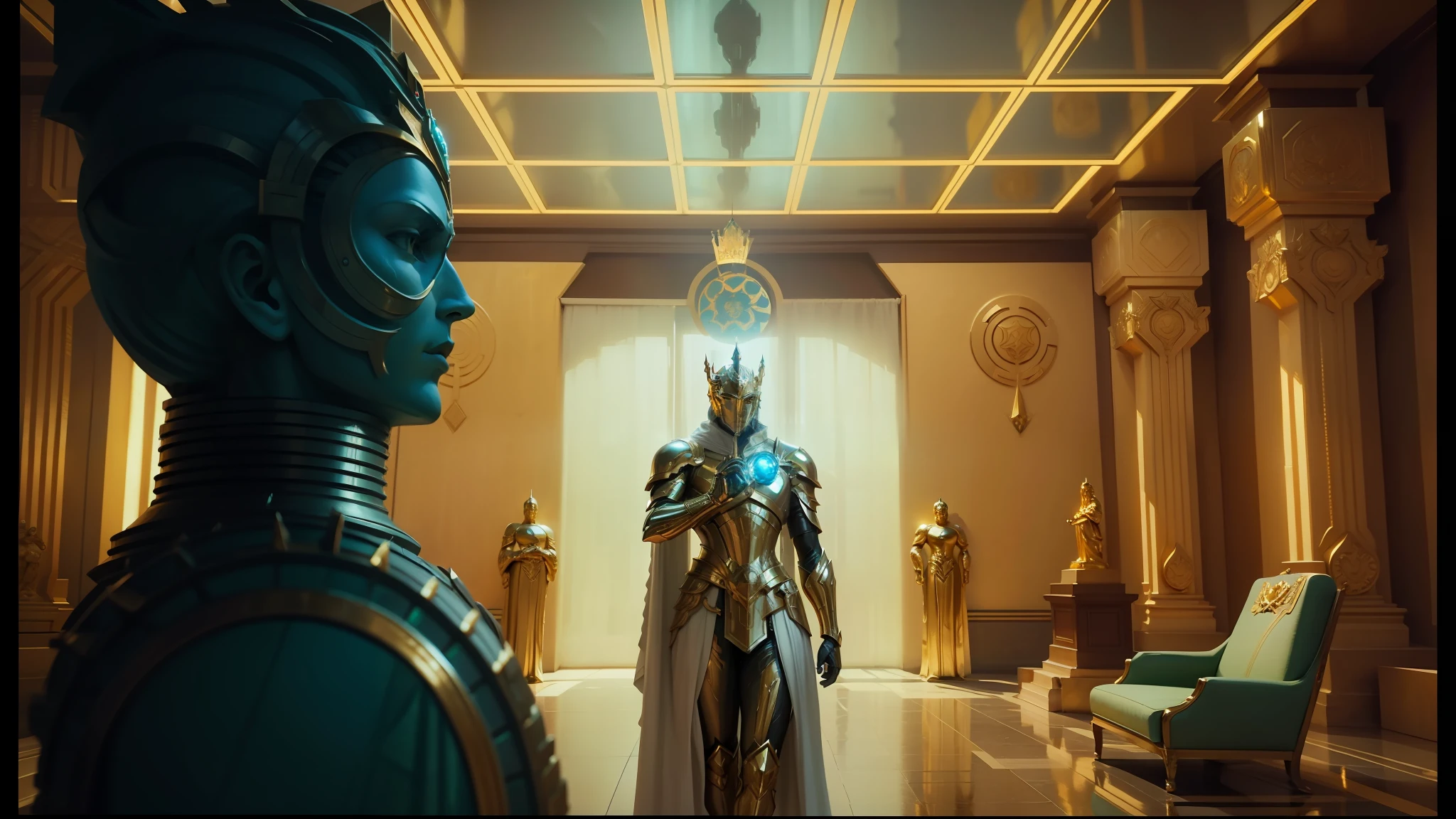 there are many statues in a room with a large window, in screenshot from the 300 movie, art deco influence, nvidia promotional image, gold armour and crown, cosmic fantasy, by Godfrey Blow, celestialpunk, ( ( ( art deco ) ) ), still from a movie, cybergods --auto --s2