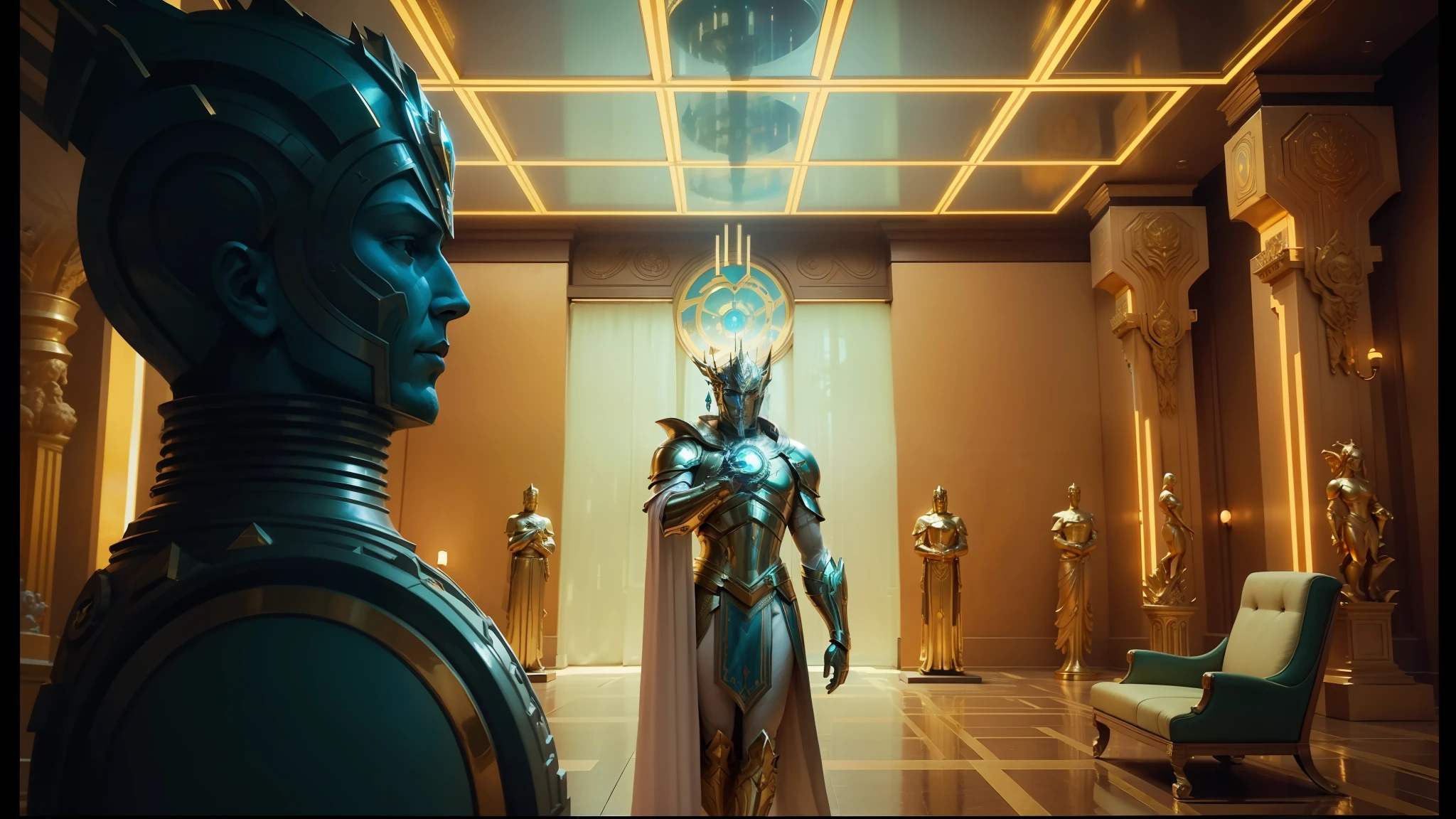 there are many statues in a room with a large window, in screenshot from the 300 movie, art deco influence, nvidia promotional image, gold armour and crown, cosmic fantasy, by Godfrey Blow, celestialpunk, ( ( ( art deco ) ) ), still from a movie, cybergods --auto --s2